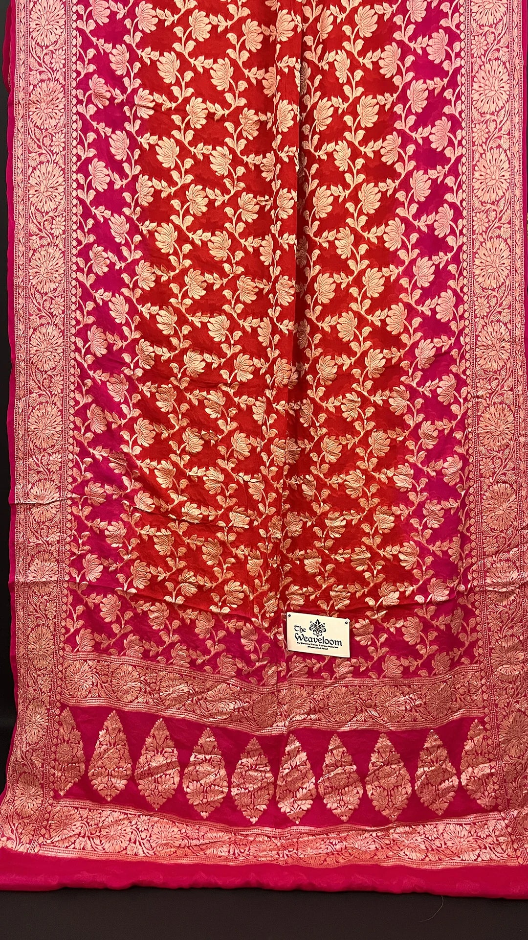 Red & Rani Dual Tone Floral Golden Zari Crepe Georgette Pure Banarasi Saree by The Weaveloom