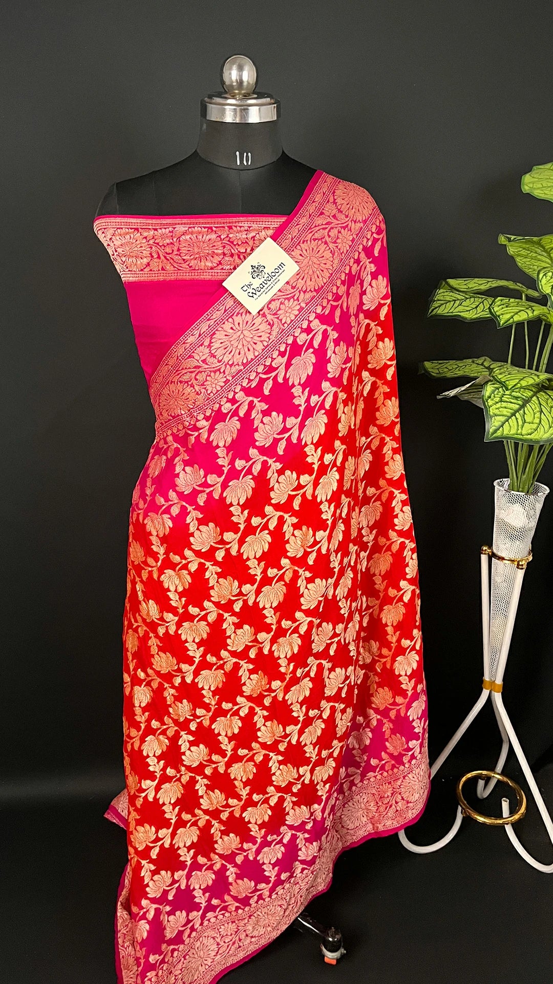 Red & Rani Dual Tone Floral Golden Zari Crepe Georgette Pure Banarasi Saree by The Weaveloom