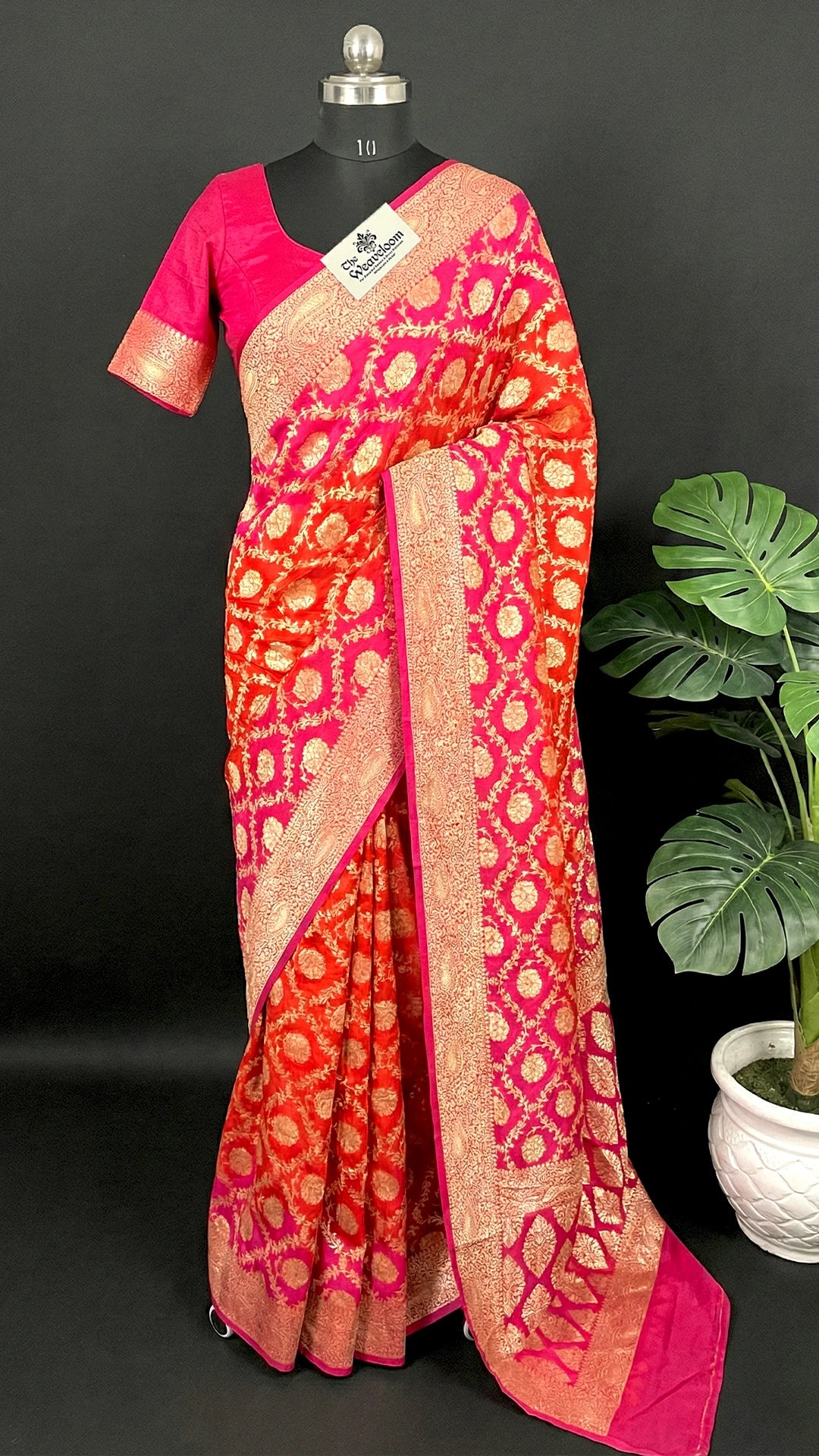 Red & Rani Dual Tone Pure Crepe Georgette Banarasi Saree with Golden Zari Floral Pattern by The Weaveloom