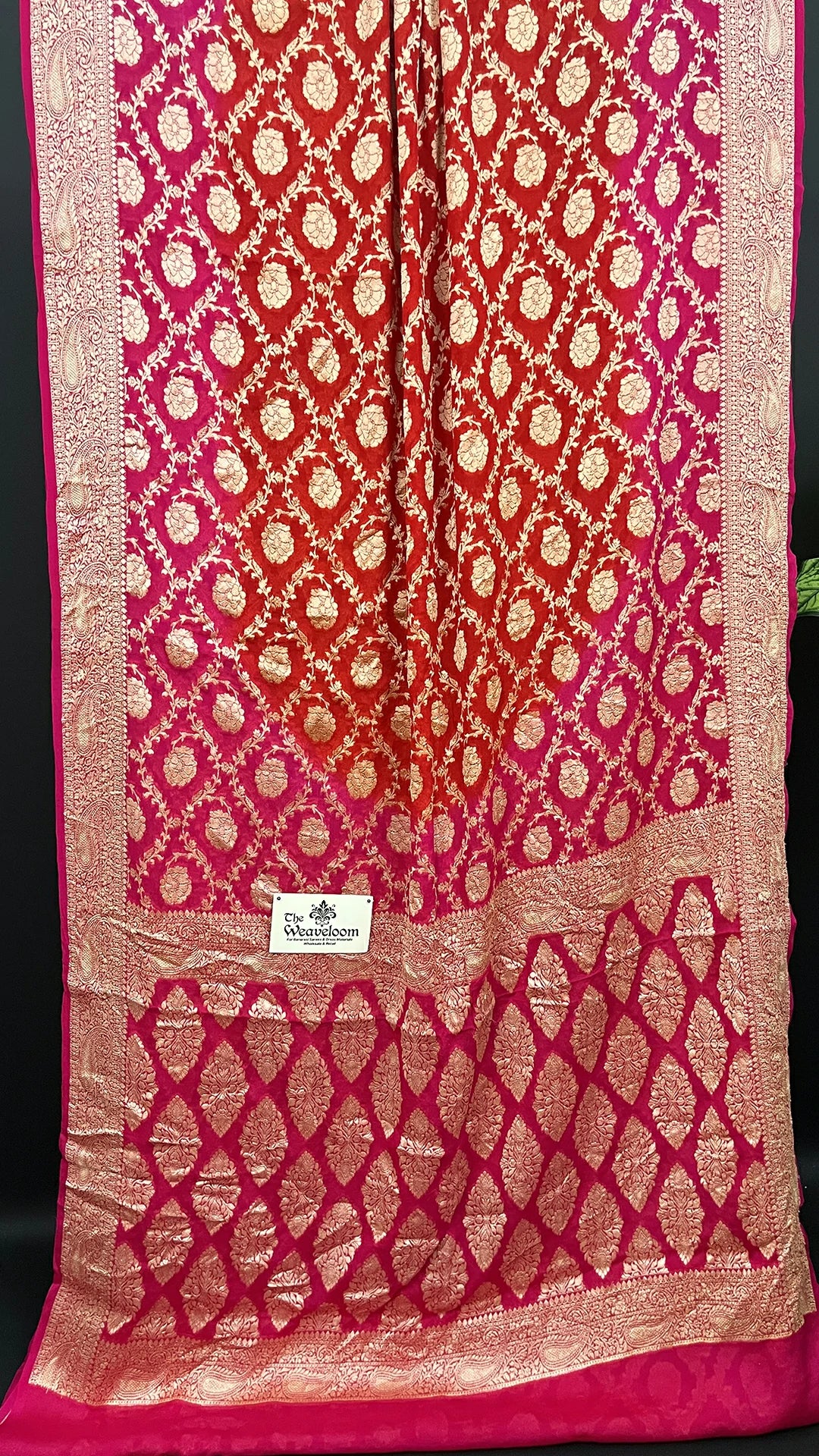 Red & Rani Dual Tone Pure Crepe Georgette Banarasi Saree with Golden Zari Floral Pattern by The Weaveloom