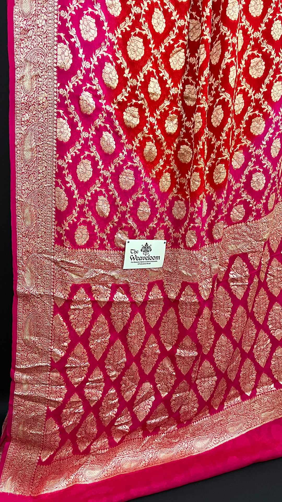 Red & Rani Dual Tone Pure Crepe Georgette Banarasi Saree with Golden Zari Floral Pattern by The Weaveloom