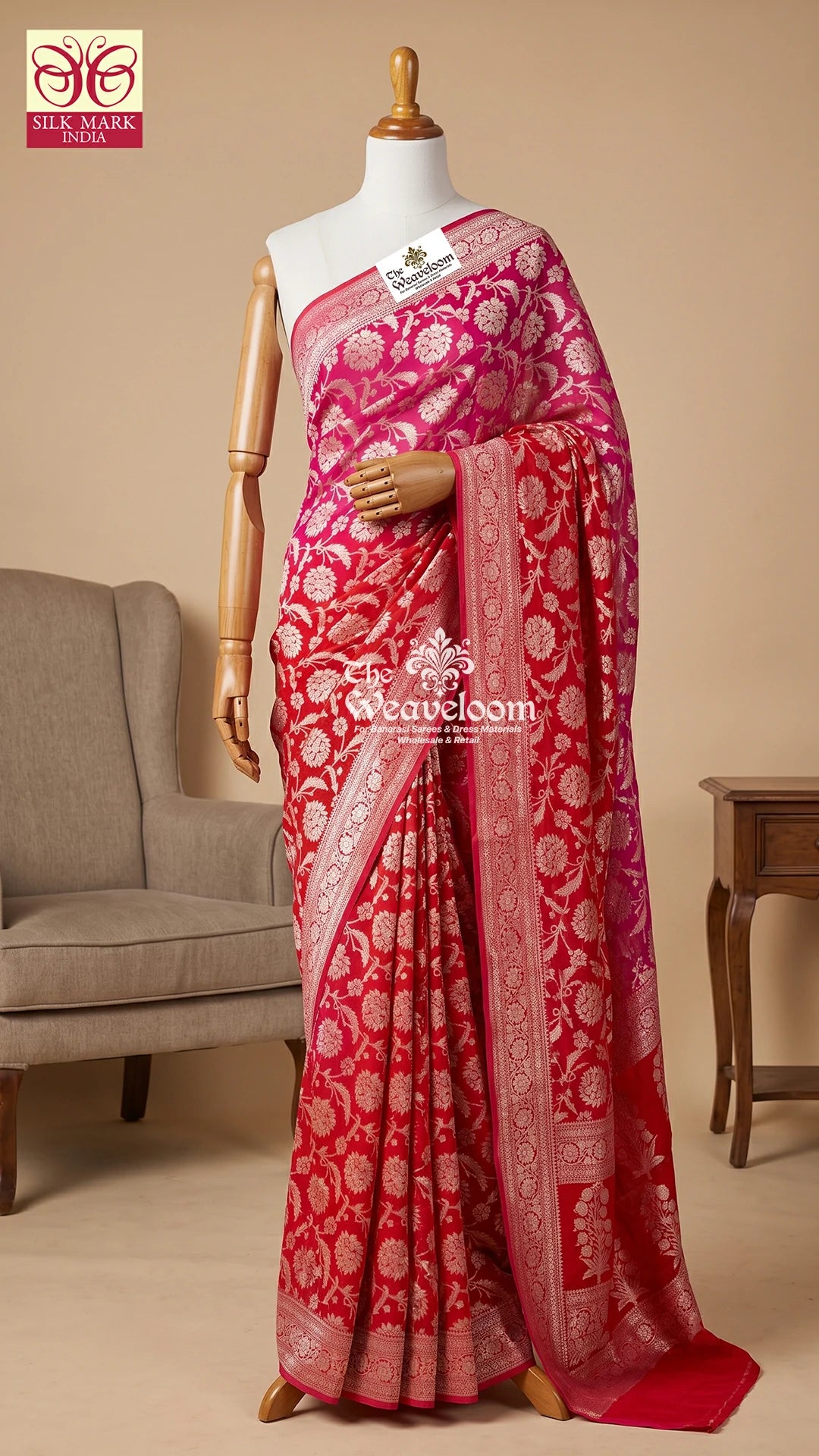 Red Rani Banarasi Saree, Khaddi Georgette Saree, Dual Tone Banarasi Saree, Silver Zari Banarasi Saree, Wedding Banarasi Saree
