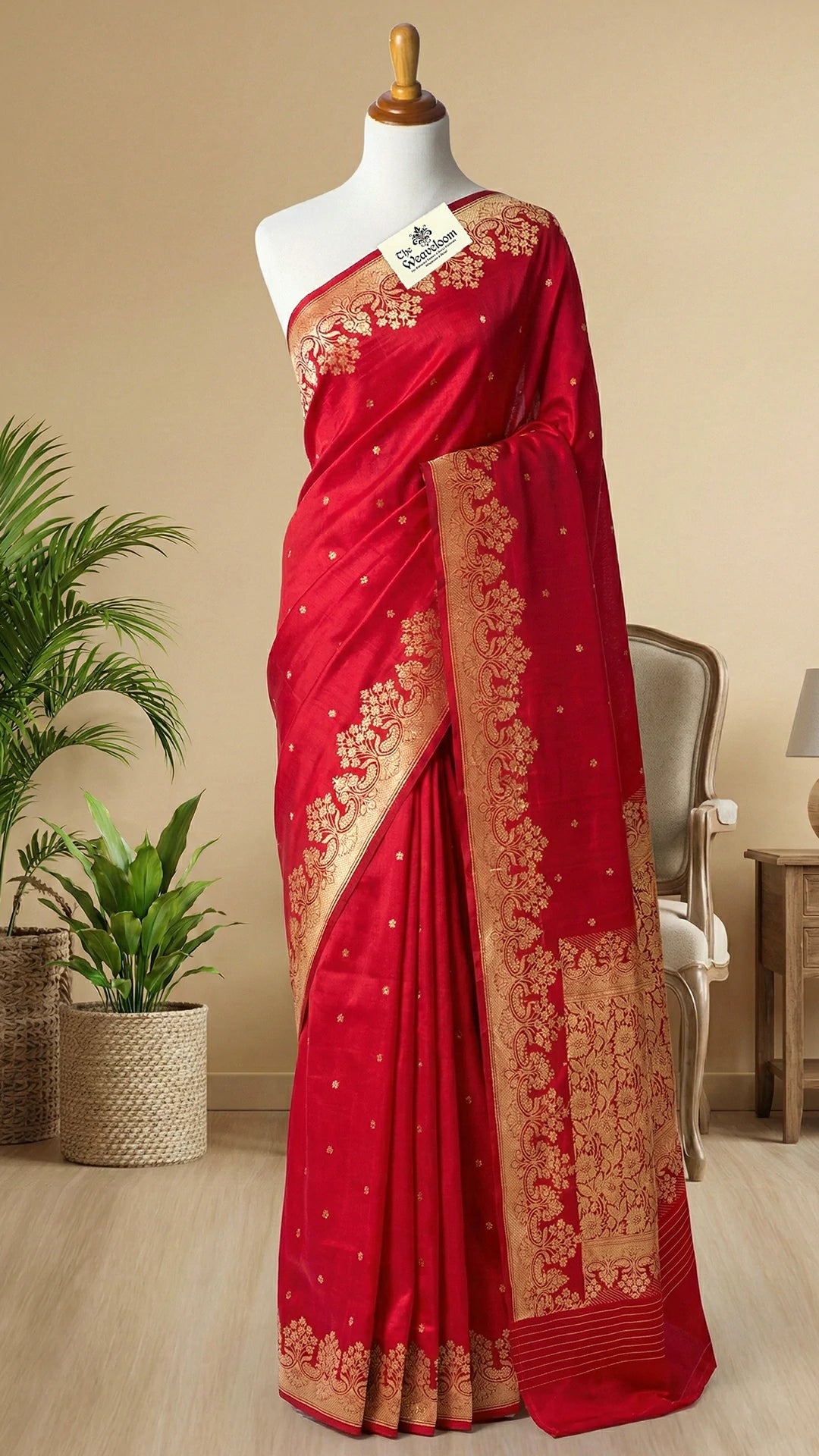 Red Raw Mango Silk Pure Handloom Banarasi Saree with Golden Zari Floral Border by The Weaveloom