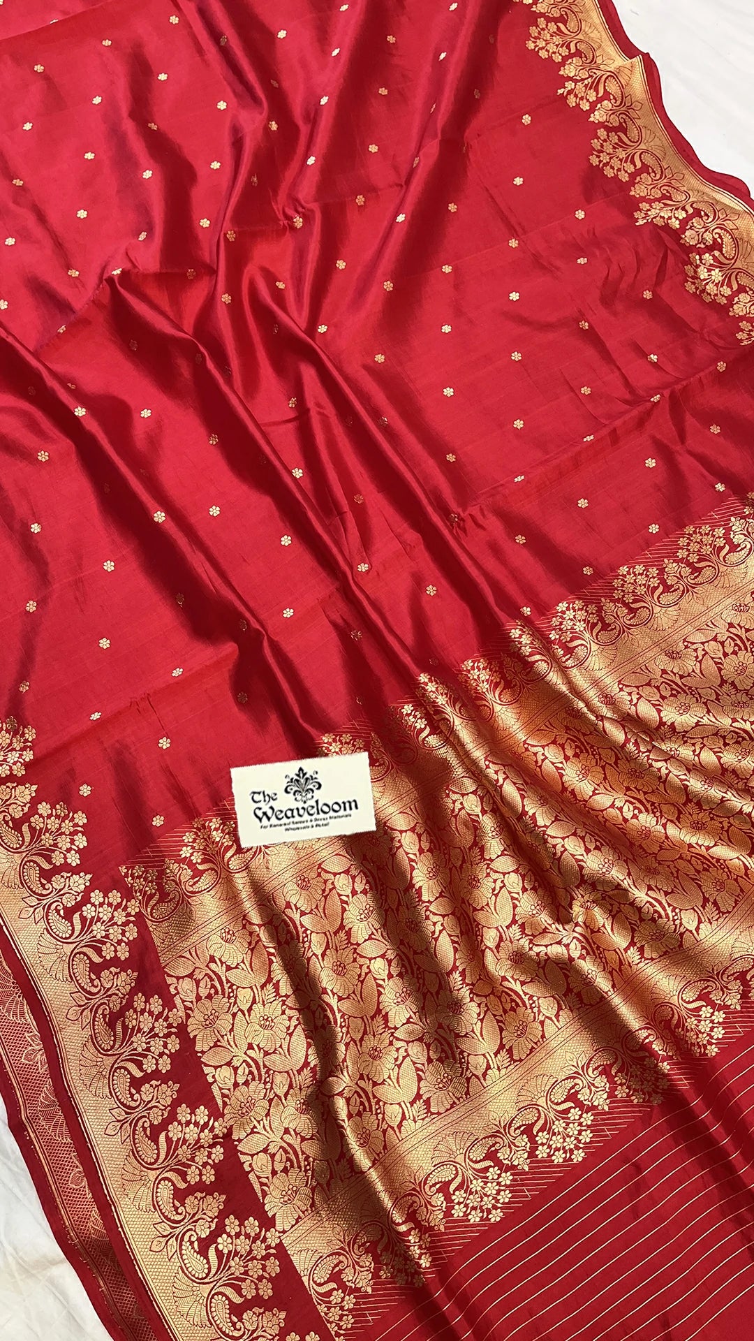 Red Raw Mango Silk Pure Handloom Banarasi Saree with Golden Zari Floral Border by The Weaveloom