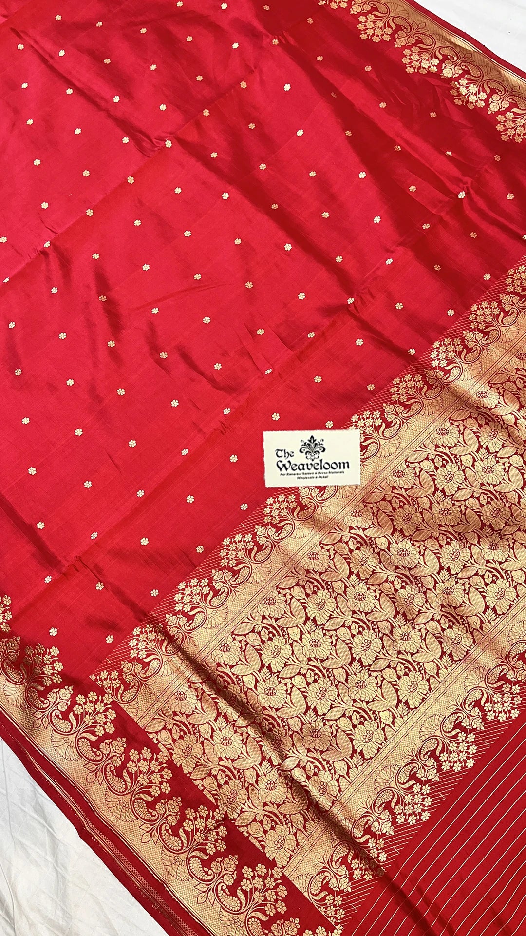 Red Raw Mango Silk Pure Handloom Banarasi Saree with Golden Zari Floral Border by The Weaveloom