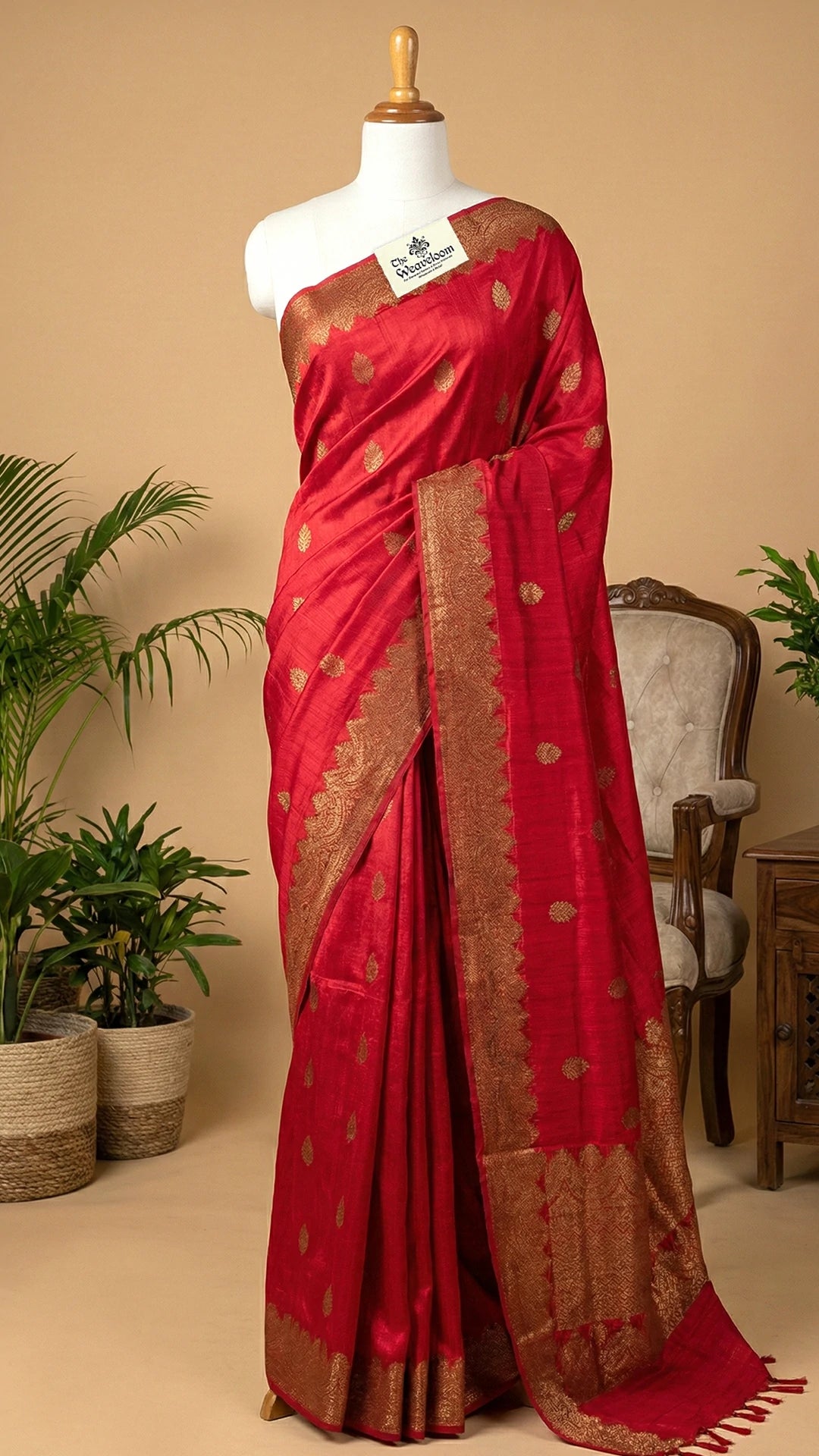 Red Raw Silk Pure Handloom Banarasi Saree with Antique Zari Buti and Rich Border by The Weaveloom