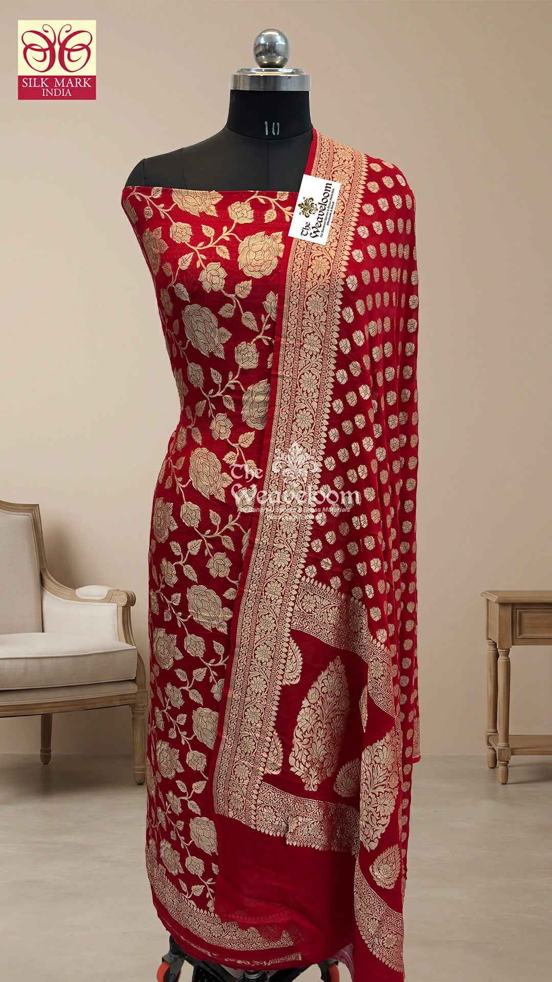 Red rose jaal Khaddi Georgette Pure Banarasi Dress Material unstitched suit by The Weaveloom