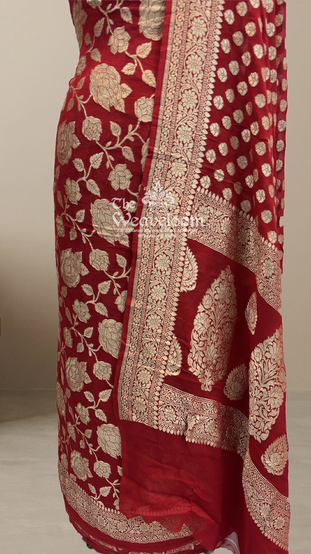 Red rose jaal Khaddi Georgette Pure Banarasi Dress Material unstitched suit by The Weaveloom