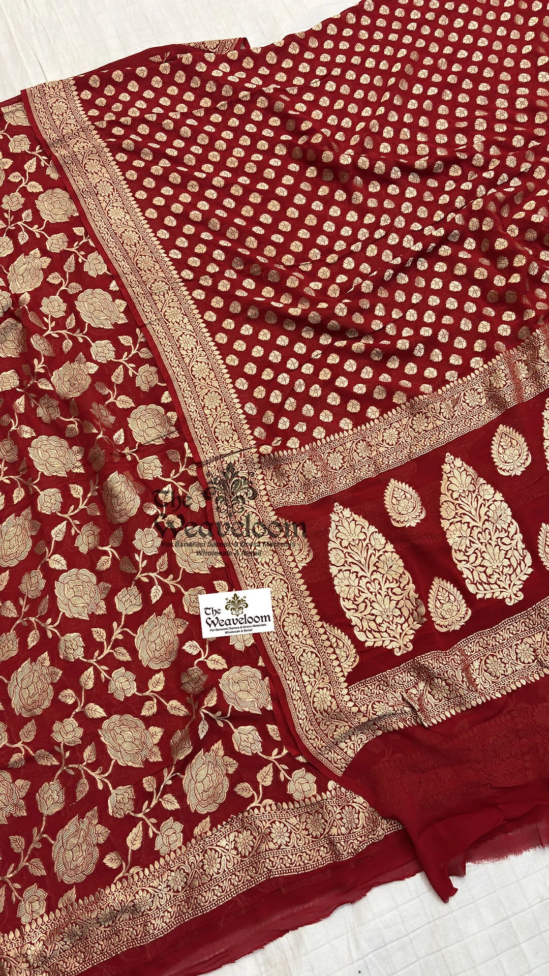 Red rose jaal Khaddi Georgette Pure Banarasi Dress Material unstitched suit by The Weaveloom