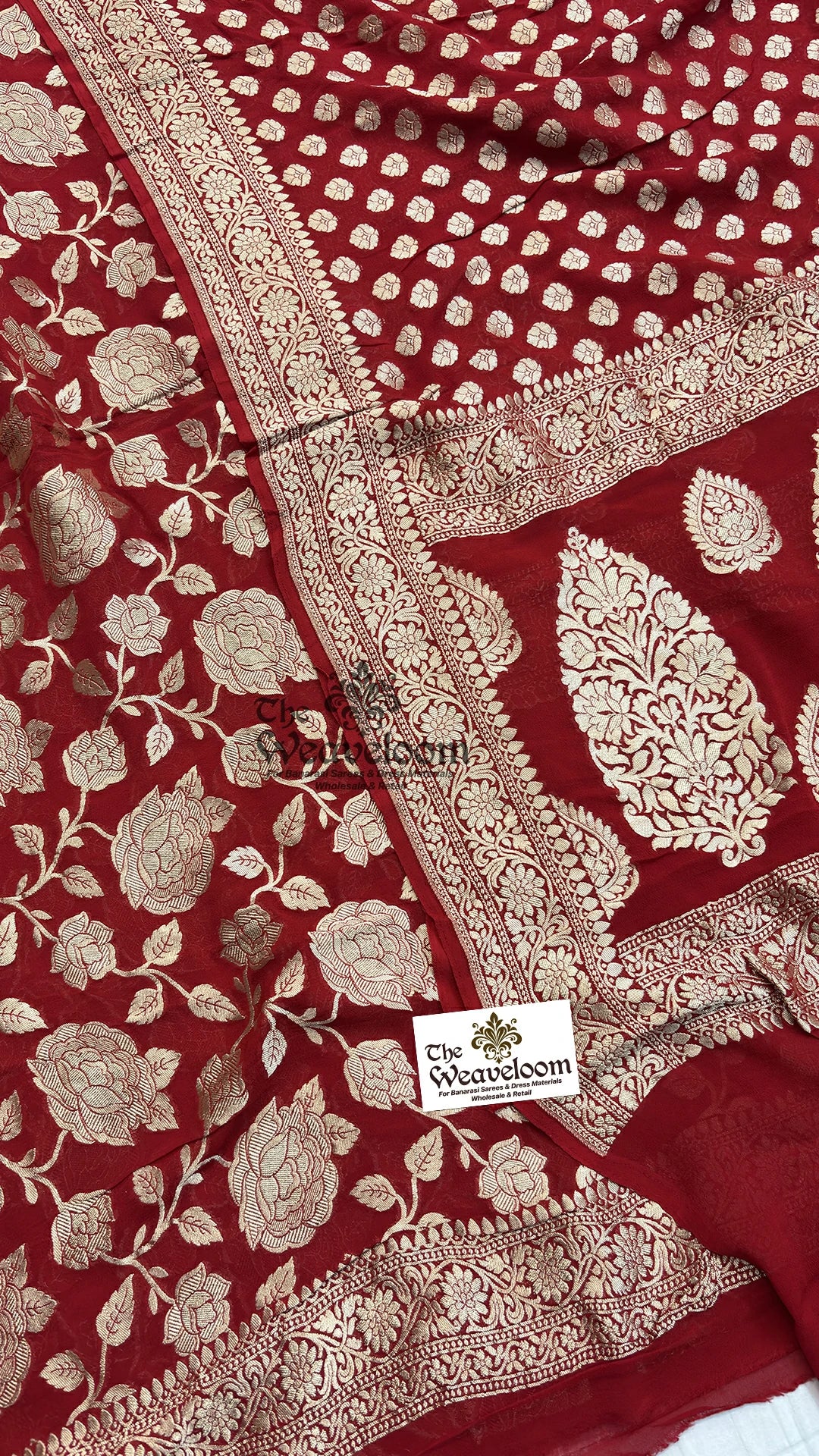 Red rose jaal Khaddi Georgette Pure Banarasi Dress Material unstitched suit by The Weaveloom