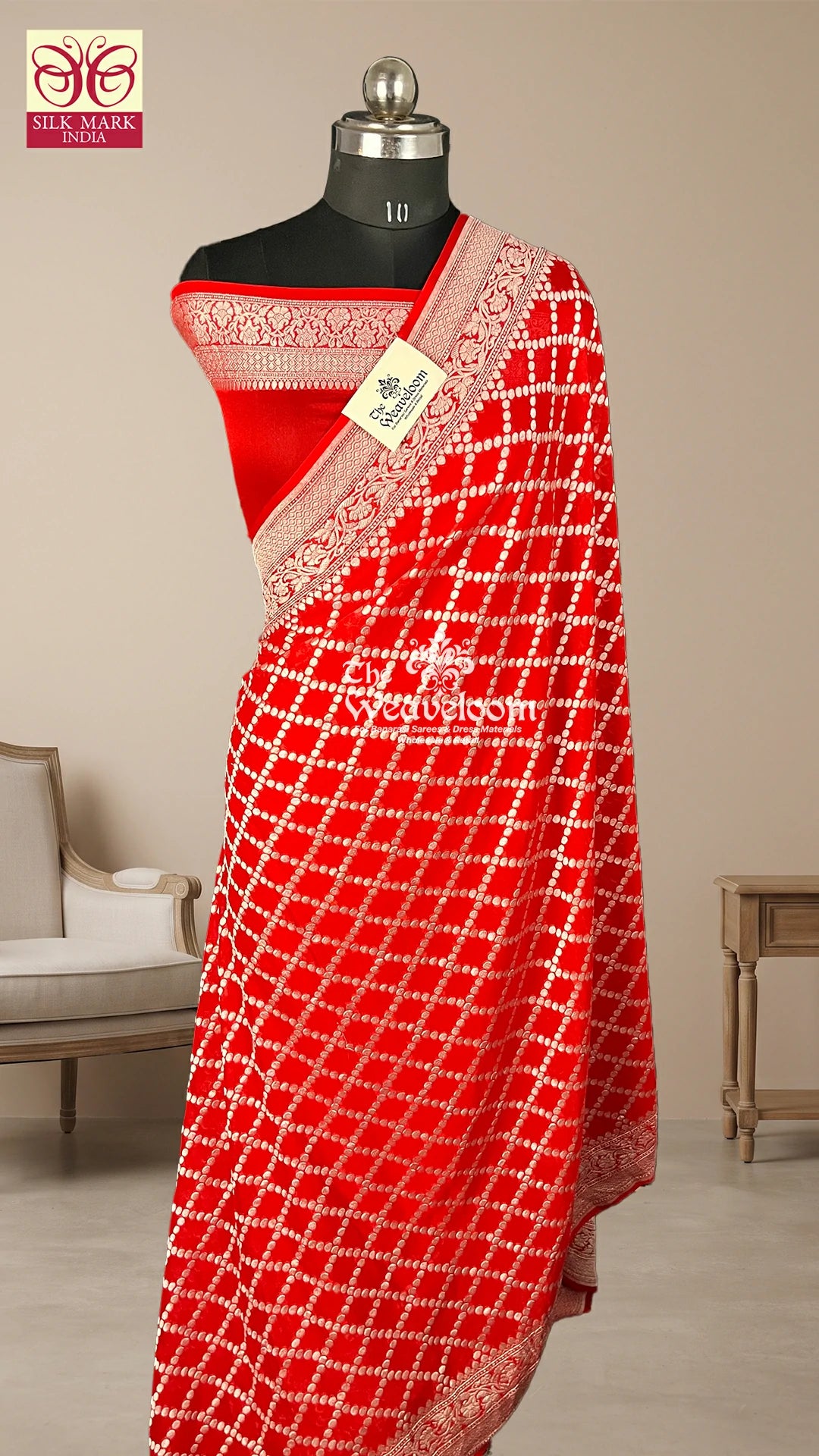 Red silver zari jaal Khaddi Georgette pure Banarasi saree by The Weaveloom