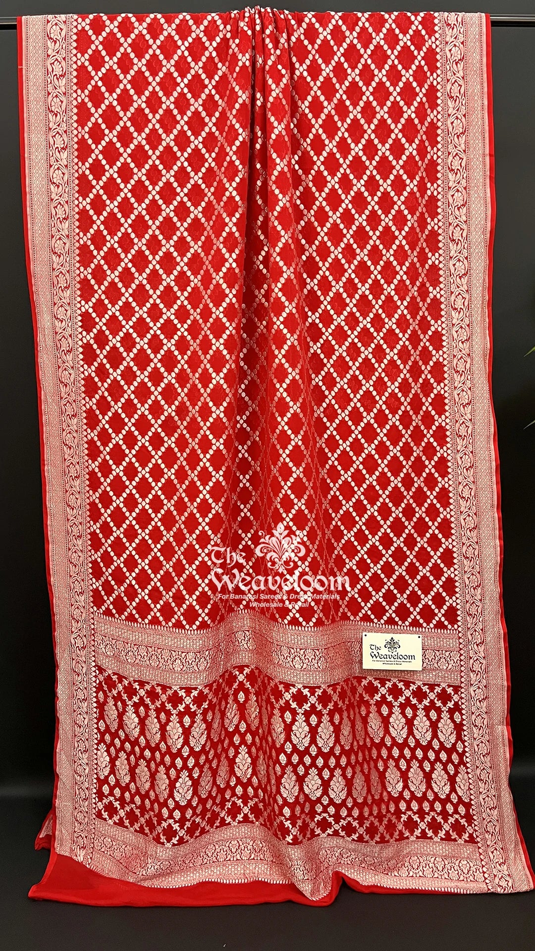 Red silver zari jaal Khaddi Georgette pure Banarasi saree by The Weaveloom