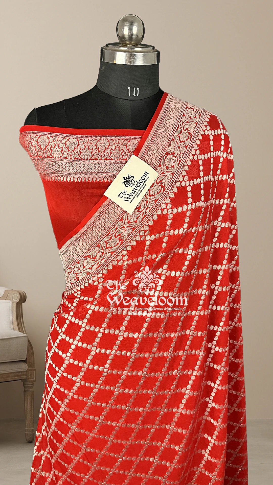 Red silver zari jaal Khaddi Georgette pure Banarasi saree by The Weaveloom