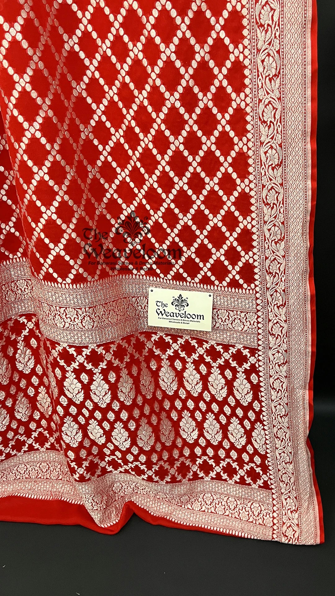 Red silver zari jaal Khaddi Georgette pure Banarasi saree by The Weaveloom