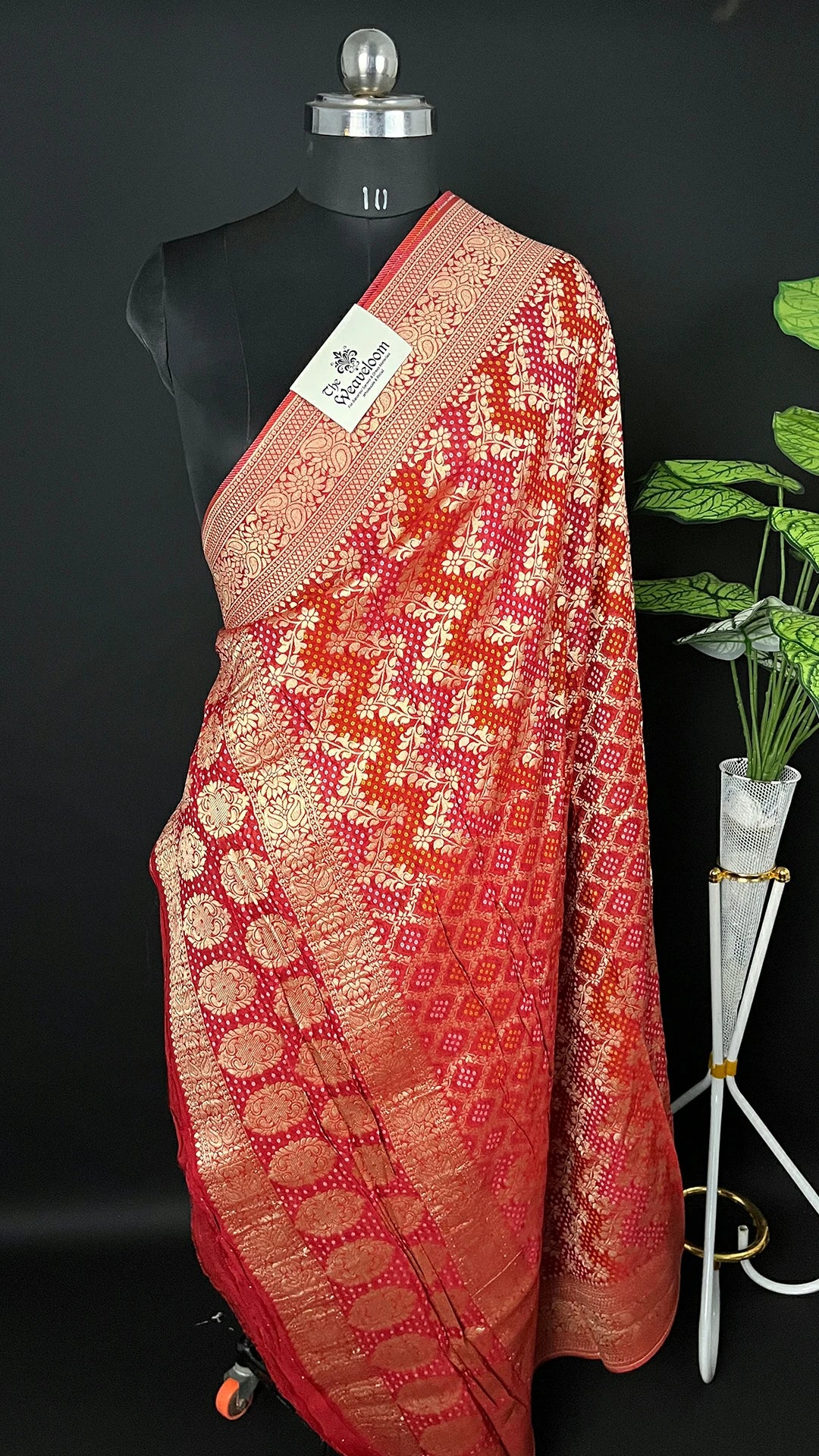 Red - Pure Viscose Georgette Bandhej Meenakari Dots Style Dupatta - The Weaveloom | red viscose georgette with gold zari border, bandhej dots and floral meenakari motifs