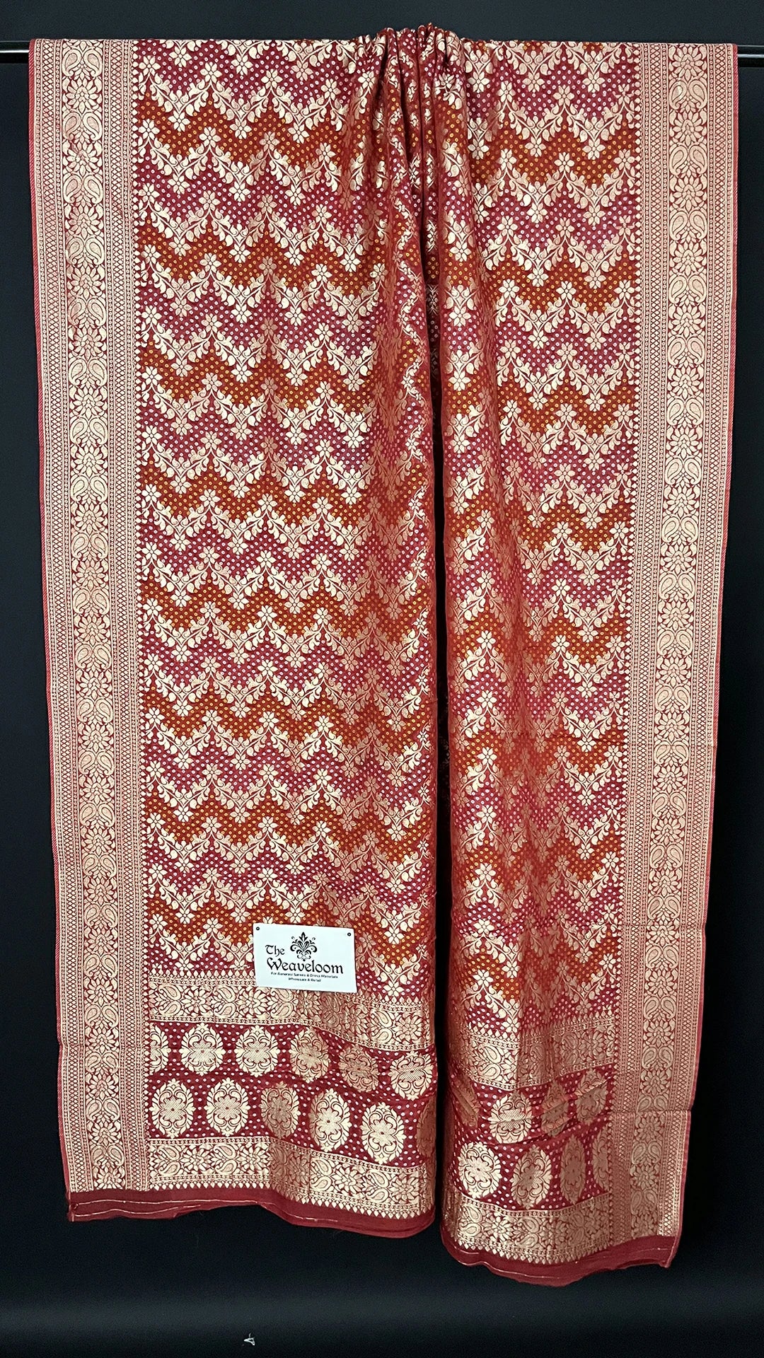 Red - Pure Viscose Georgette Bandhej Meenakari Dots Style Dupatta - The Weaveloom | red viscose georgette with gold zari border, bandhej dots and floral meenakari motifs