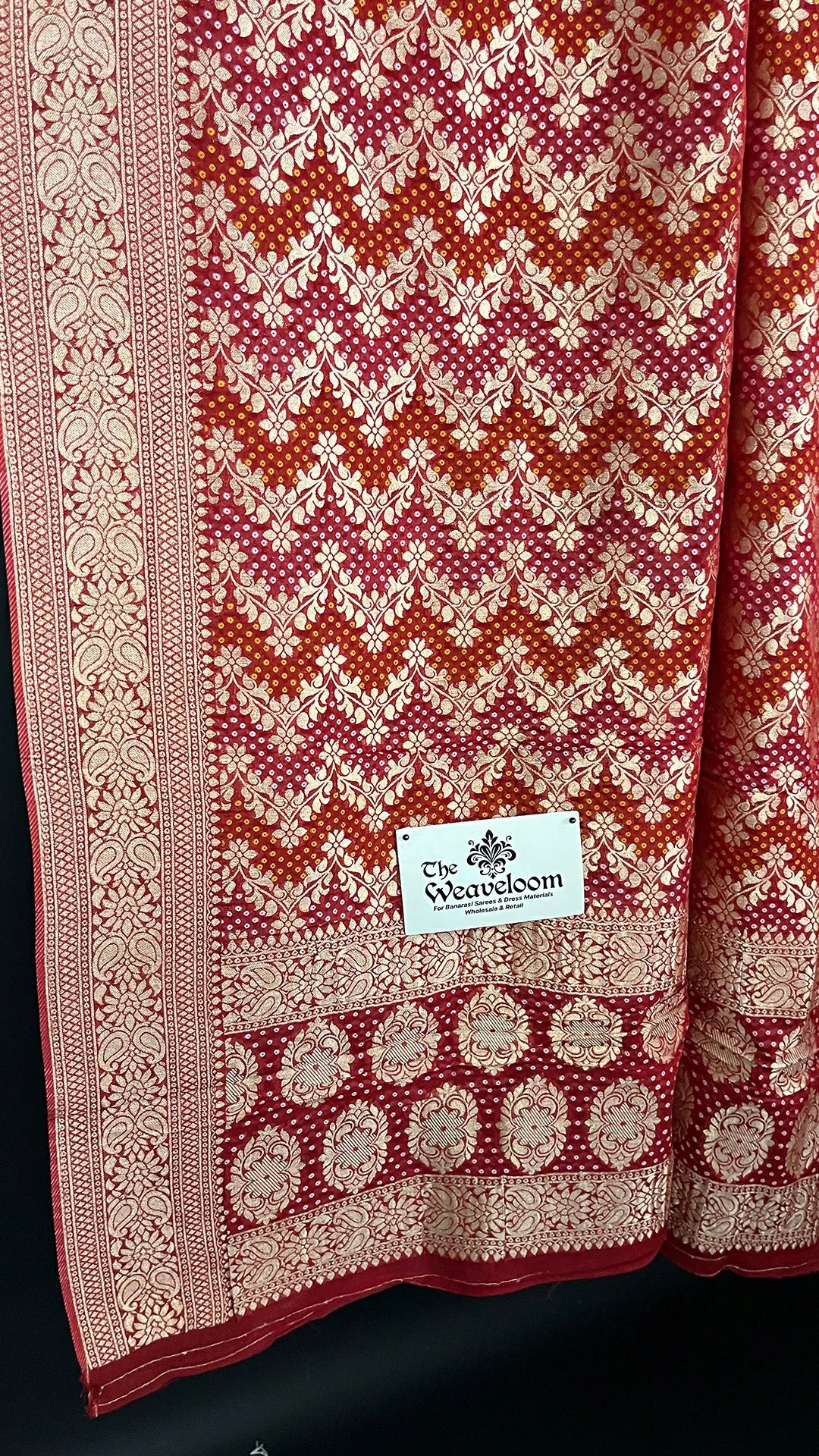 Red - Pure Viscose Georgette Bandhej Meenakari Dots Style Dupatta - The Weaveloom | red viscose georgette with gold zari border, bandhej dots and floral meenakari motifs