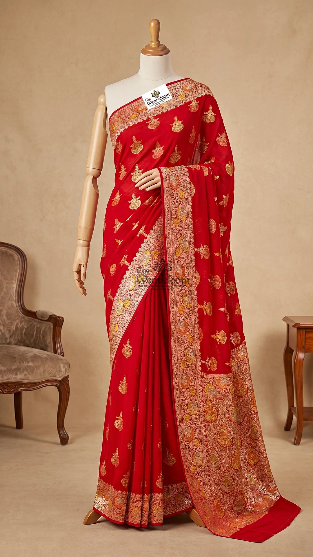 Red Zari Booti Pure Crepe Georgette Banarasi Saree with Paisley Pallu by The Weaveloom