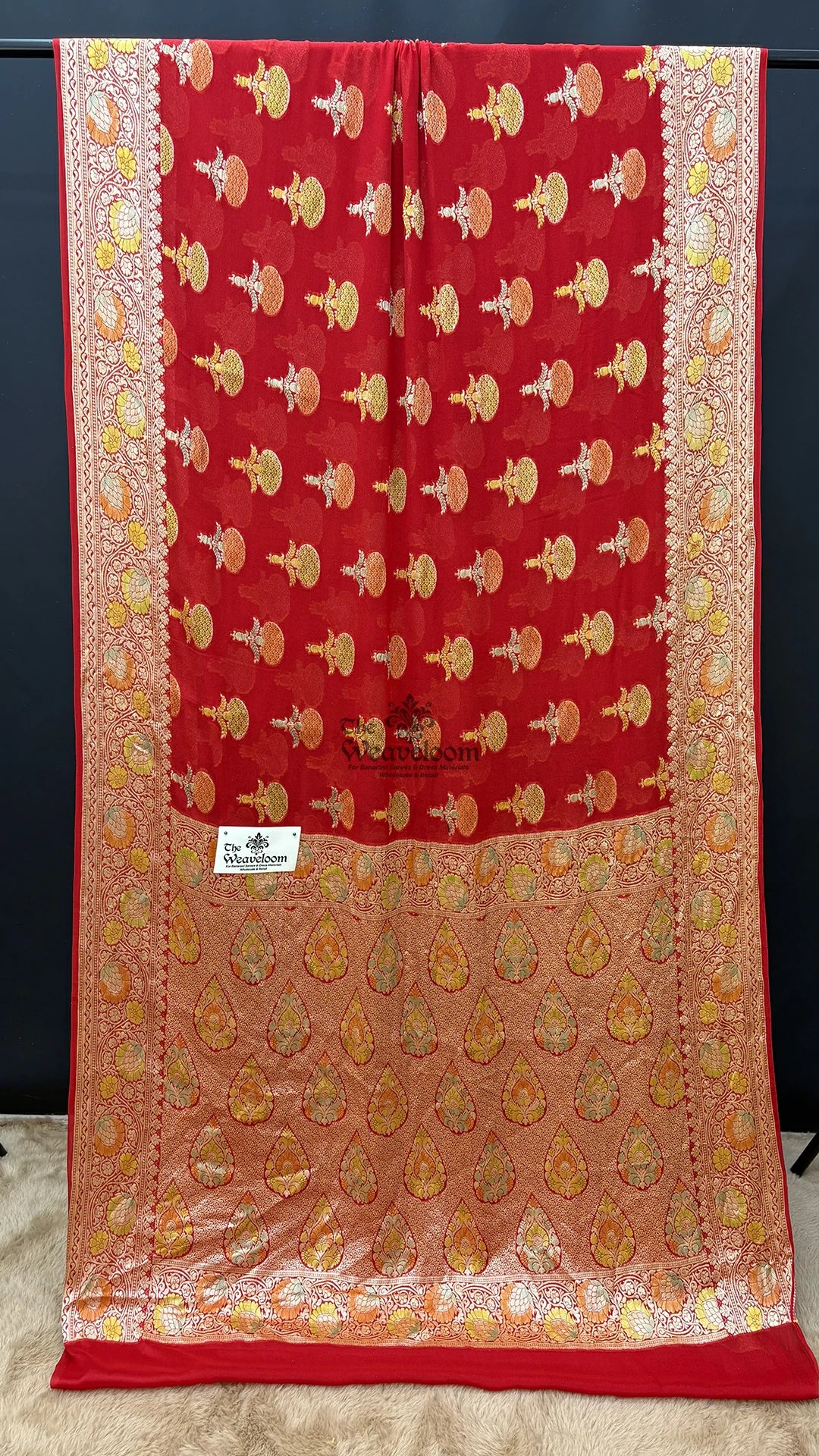 Red Zari Booti Pure Crepe Georgette Banarasi Saree with Paisley Pallu by The Weaveloom