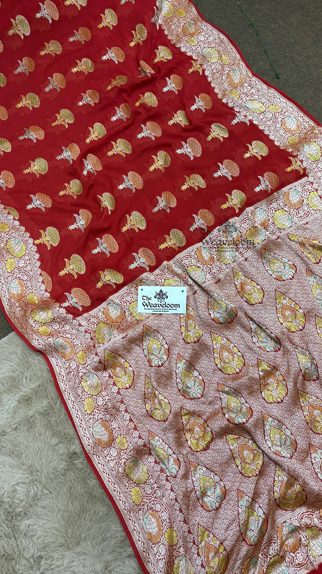 Red Zari Booti Pure Crepe Georgette Banarasi Saree with Paisley Pallu by The Weaveloom