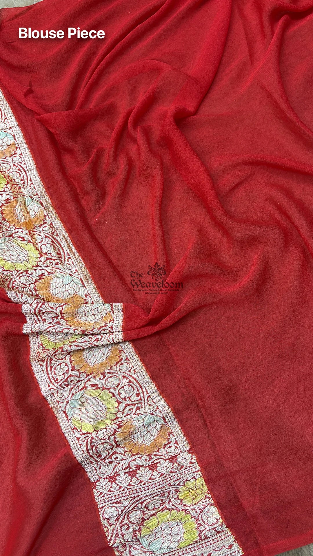 Red Zari Booti Pure Crepe Georgette Banarasi Saree with Paisley Pallu by The Weaveloom
