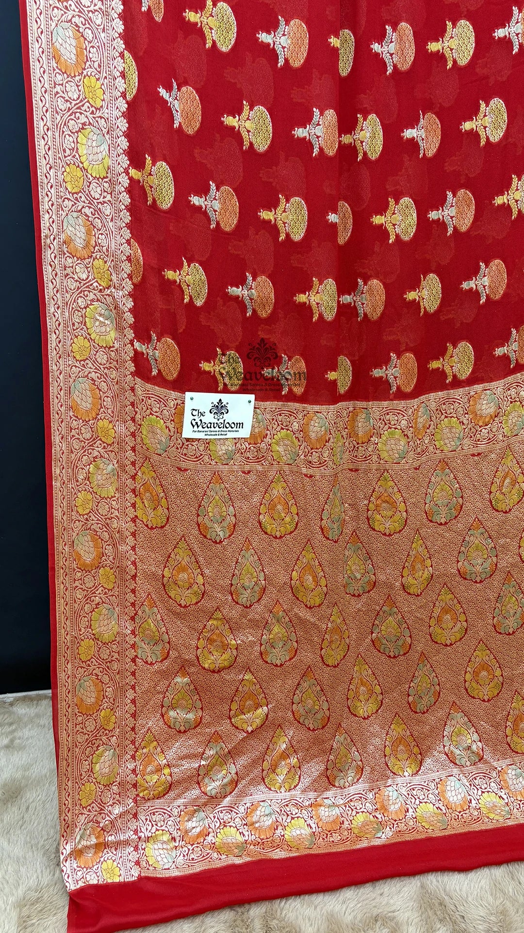 Red Zari Booti Pure Crepe Georgette Banarasi Saree with Paisley Pallu by The Weaveloom