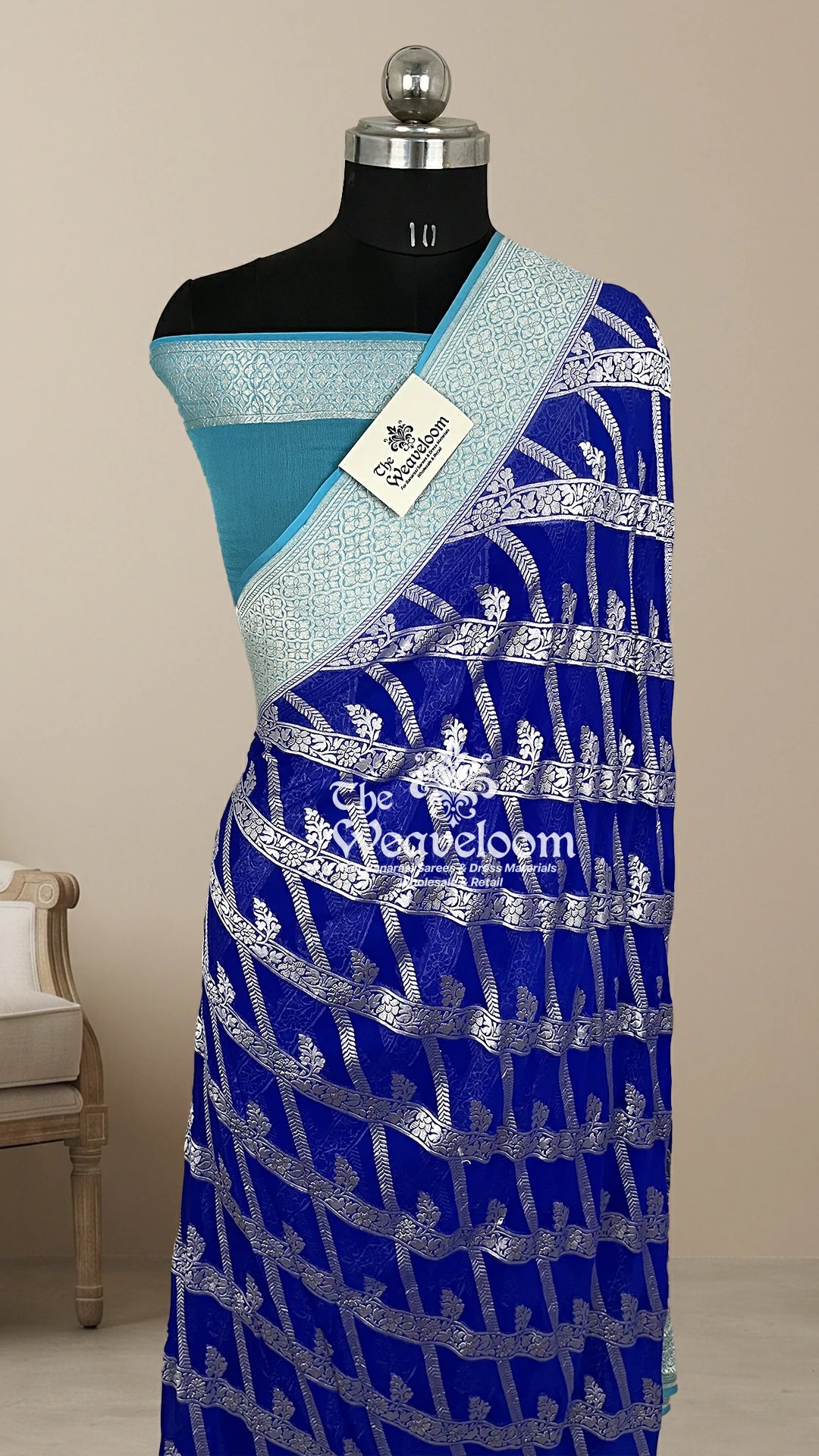 Royal Blue Diagonal Floral Khaddi Georgette Pure Banarasi Saree with Silver Zari by The Weaveloom