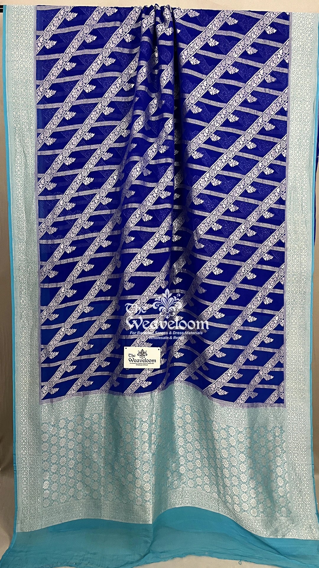 Royal Blue Diagonal Floral Khaddi Georgette Pure Banarasi Saree with Silver Zari by The Weaveloom