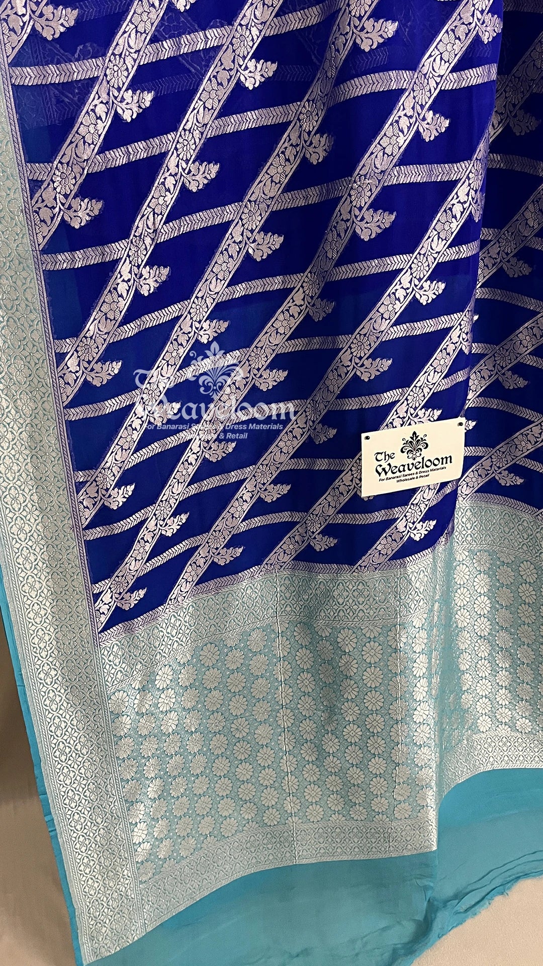 Royal Blue Diagonal Floral Khaddi Georgette Pure Banarasi Saree with Silver Zari by The Weaveloom