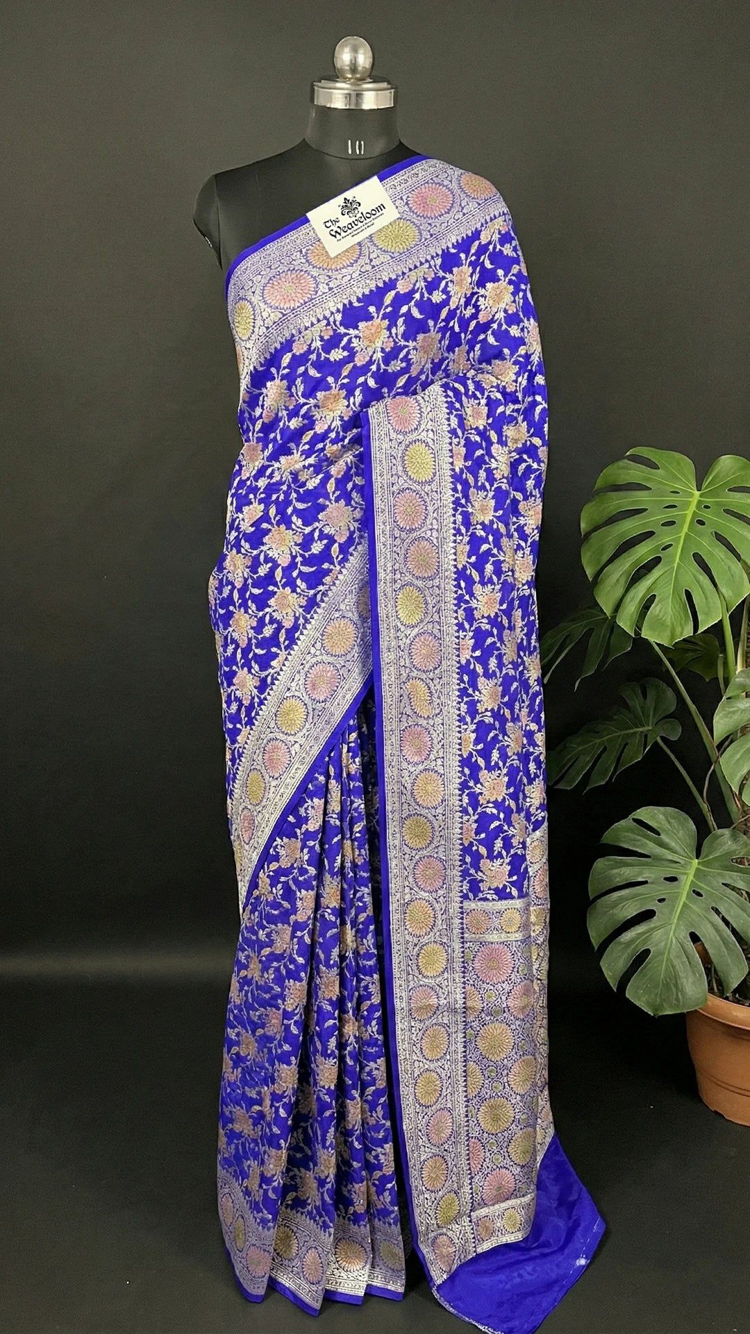 Royal Blue Floral Jaal Crepe Georgette Pure Banarasi Saree with Golden Zari Handbrush Work by The Weaveloom