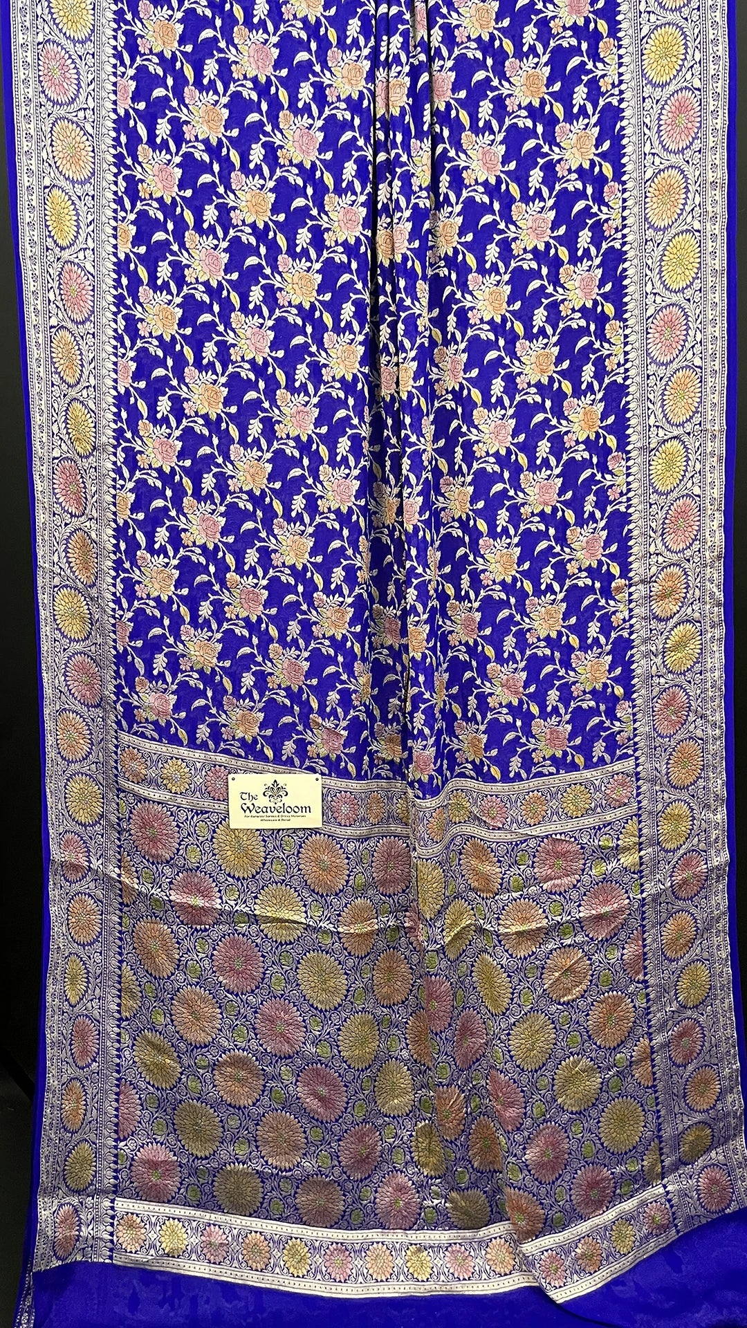 Royal Blue Floral Jaal Crepe Georgette Pure Banarasi Saree with Golden Zari Handbrush Work by The Weaveloom