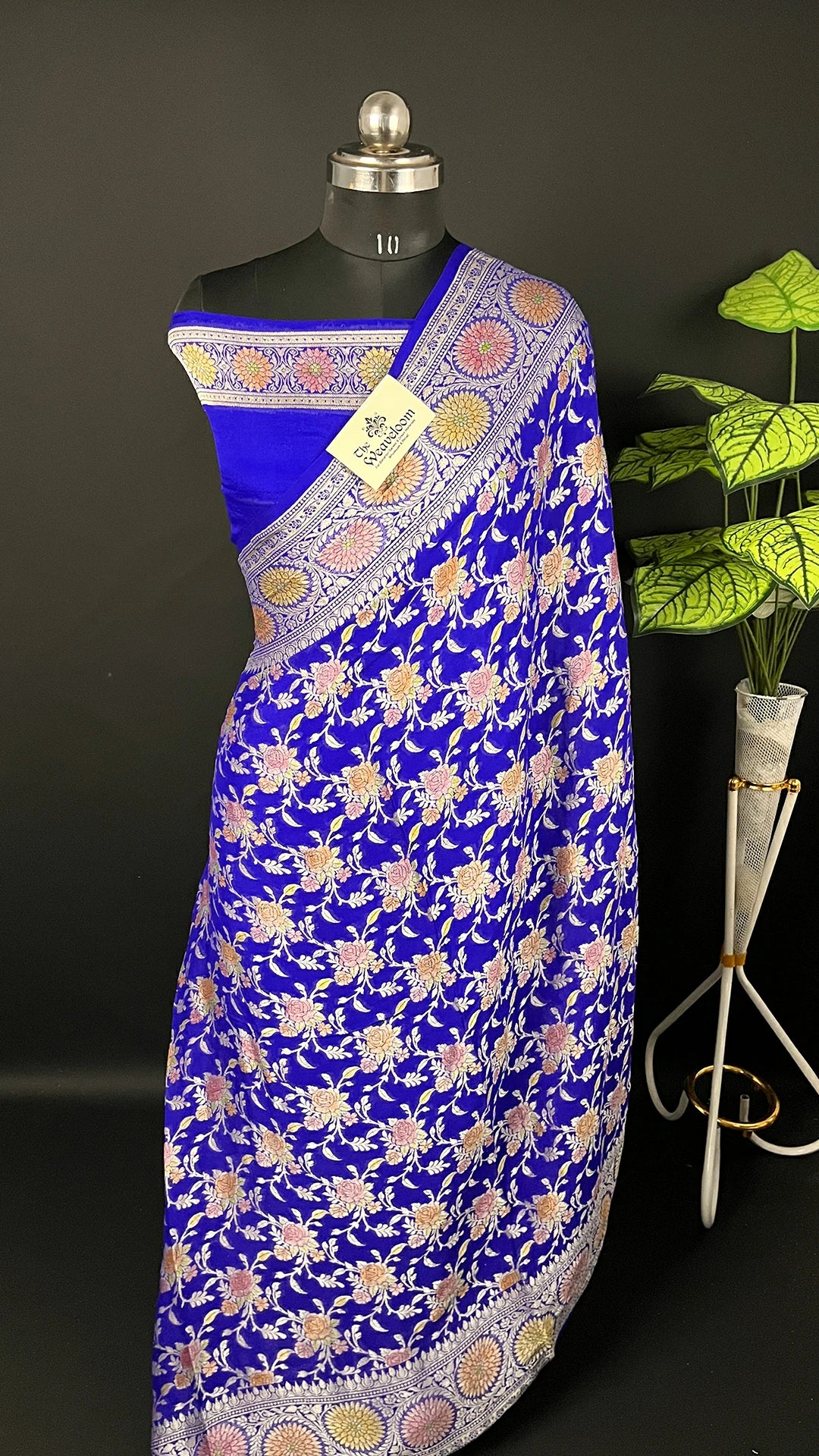Royal Blue Floral Jaal Crepe Georgette Pure Banarasi Saree with Golden Zari Handbrush Work by The Weaveloom