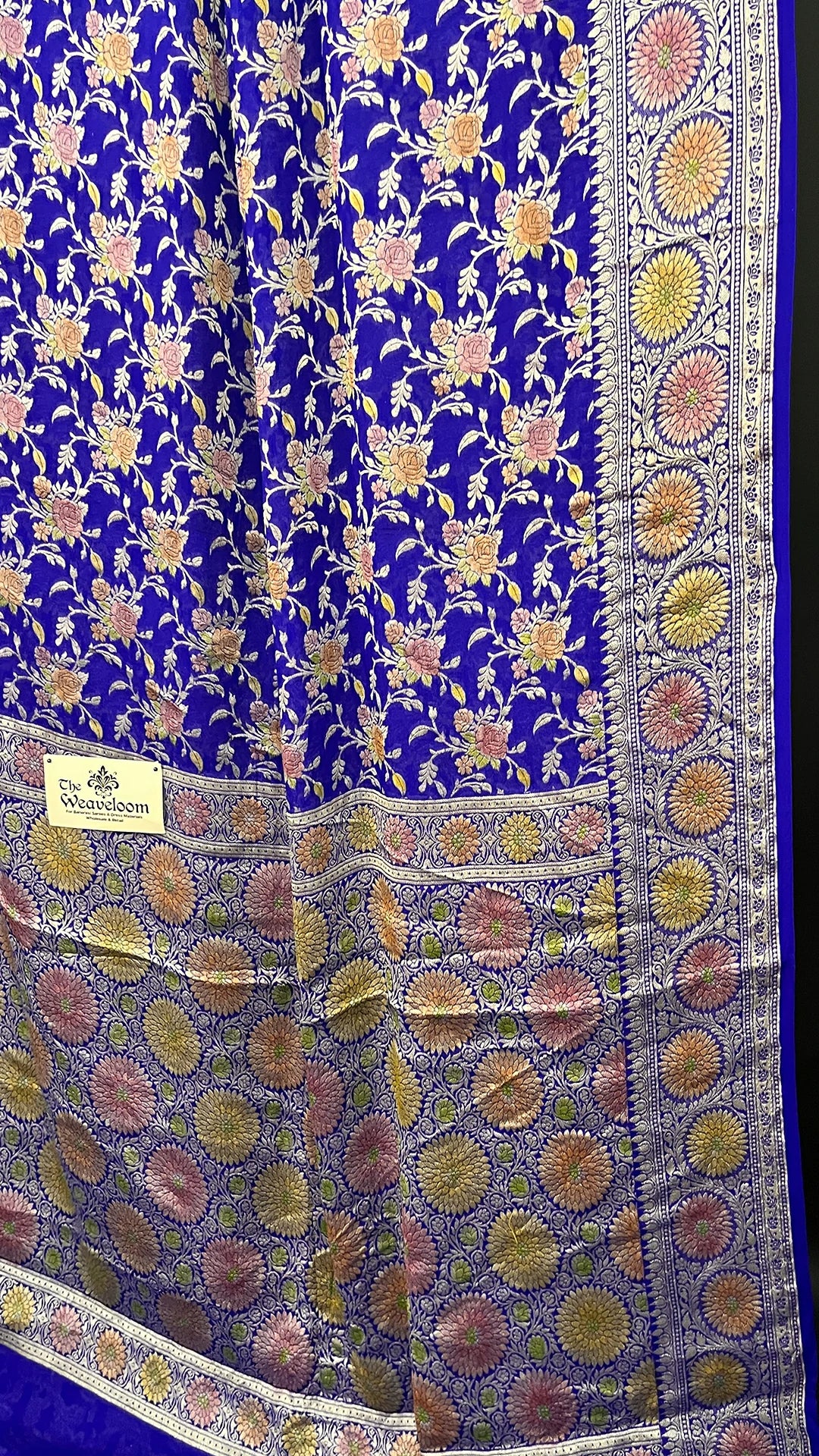 Royal Blue Floral Jaal Crepe Georgette Pure Banarasi Saree with Golden Zari Handbrush Work by The Weaveloom