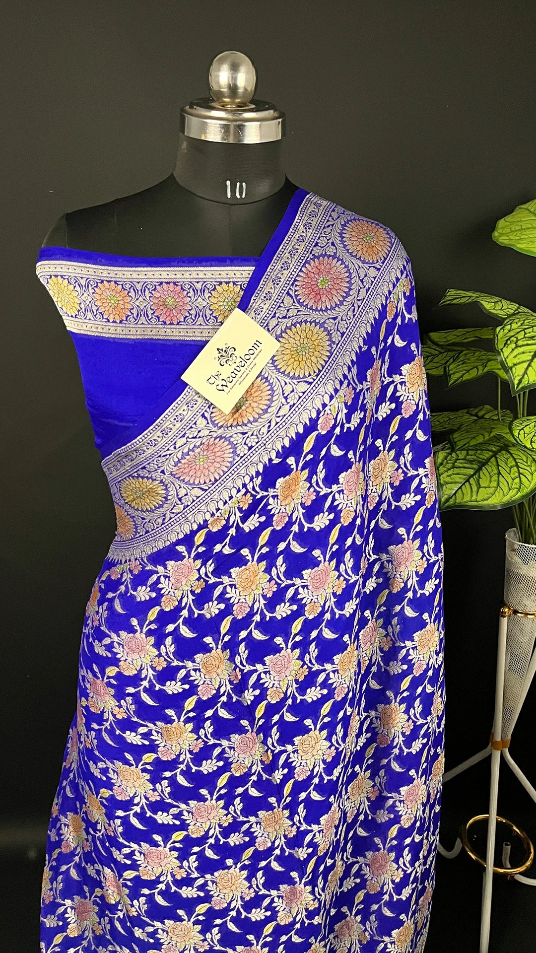 Royal Blue Floral Jaal Crepe Georgette Pure Banarasi Saree with Golden Zari Handbrush Work by The Weaveloom