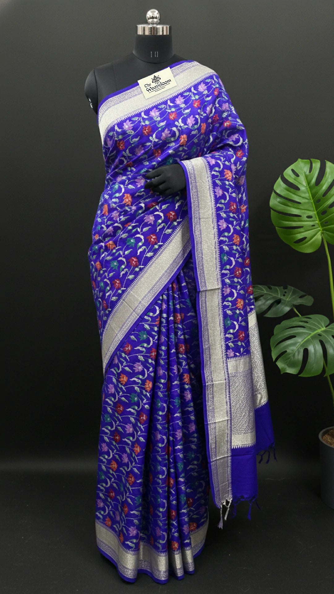 Royal Blue Floral Jaal Munga Silk Pure Banarasi Saree with Meenakari and Silver Zari Border by The Weaveloom