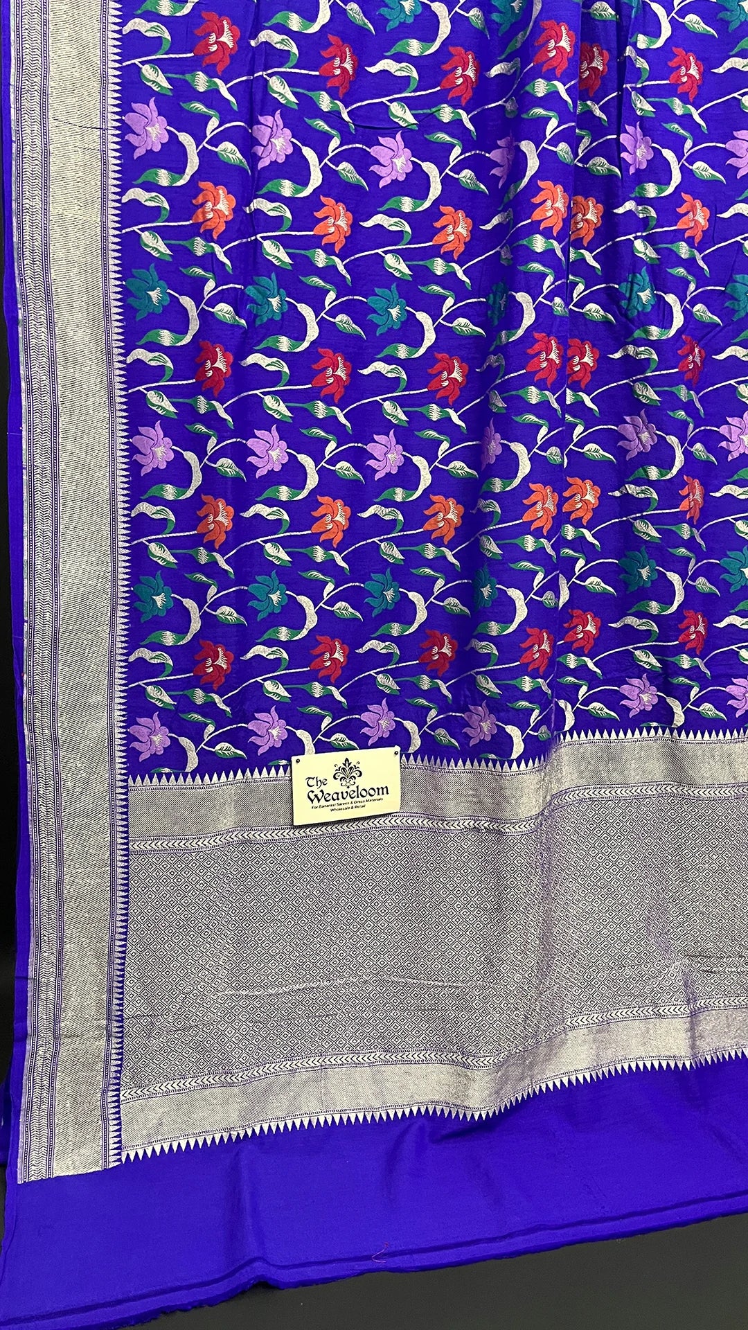 Royal Blue Floral Jaal Munga Silk Pure Banarasi Saree with Meenakari and Silver Zari Border by The Weaveloom