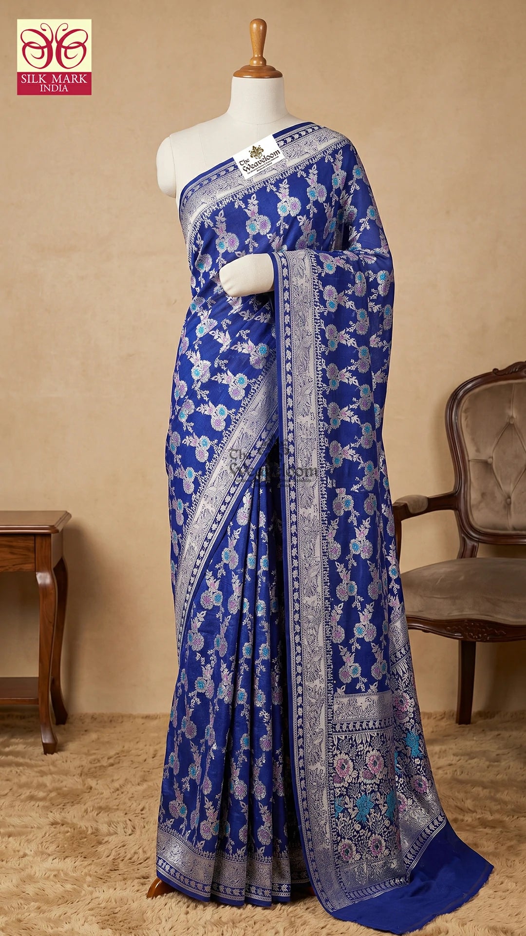 Royal Blue Floral Meenakari Tussar Georgette Pure Banarasi Saree by The Weaveloom