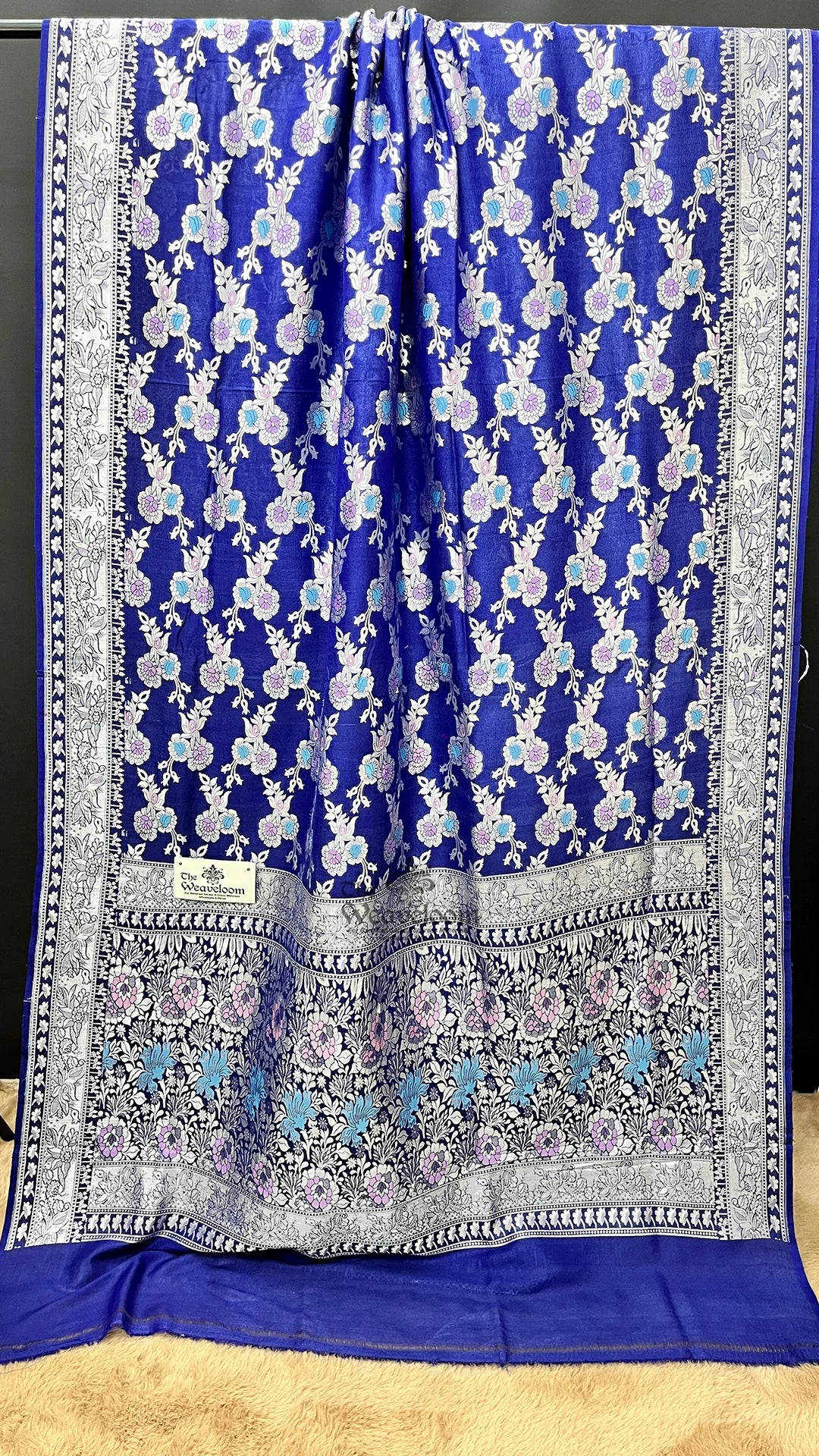 Royal Blue Floral Meenakari Tussar Georgette Pure Banarasi Saree by The Weaveloom
