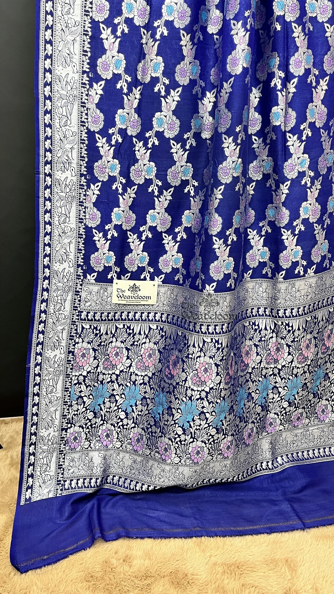 Royal Blue Floral Meenakari Tussar Georgette Pure Banarasi Saree by The Weaveloom