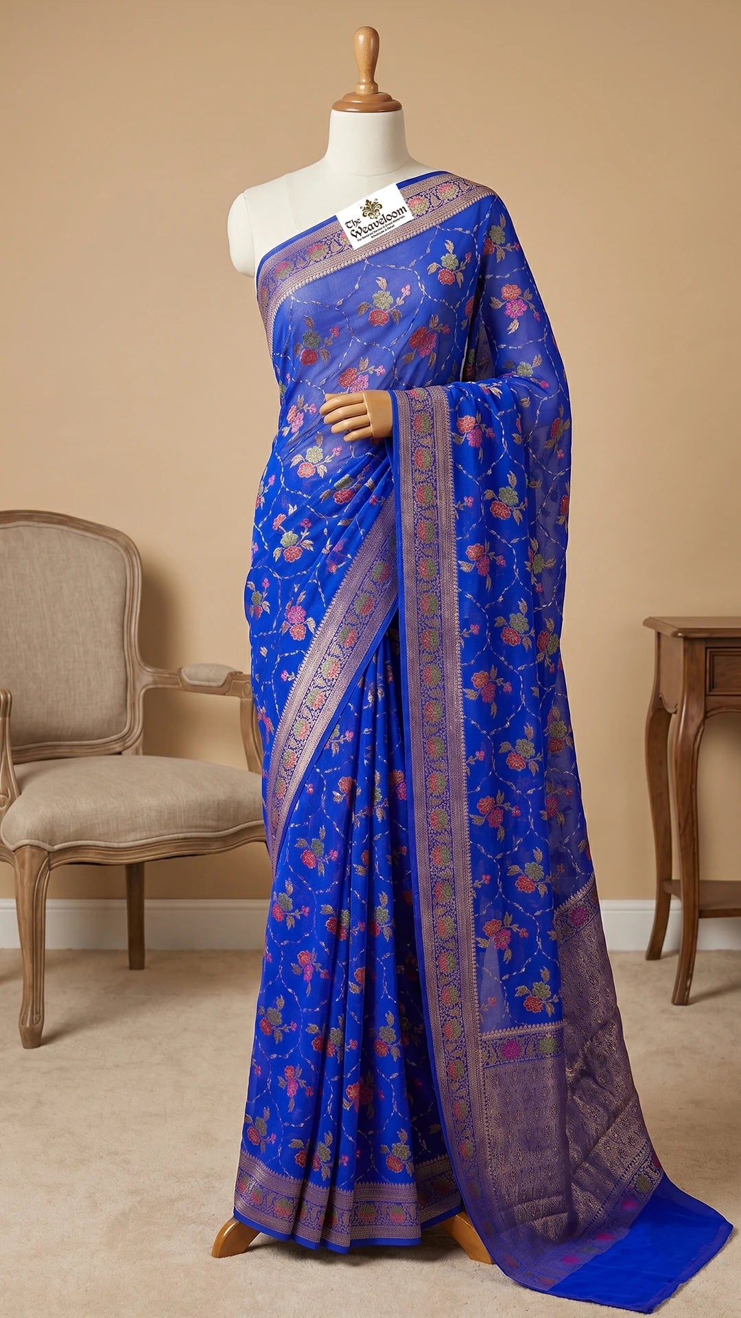 Royal Blue Khaddi Chiffon Pure Banarasi Saree with Meenakari Floral Jaal Weave and Antique Zari Border by The Weaveloom