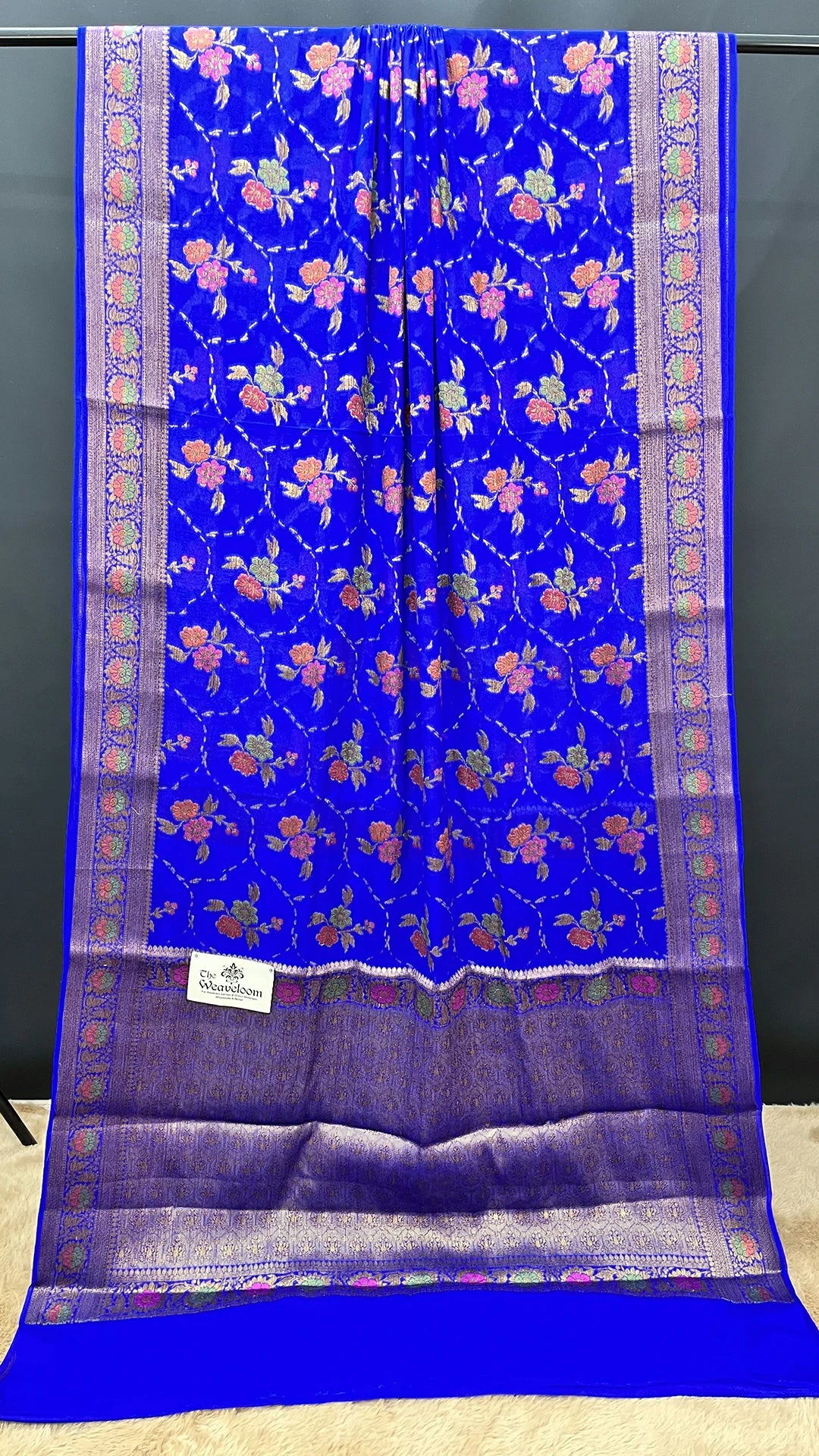 Royal Blue Khaddi Chiffon Pure Banarasi Saree with Meenakari Floral Jaal Weave and Antique Zari Border by The Weaveloom