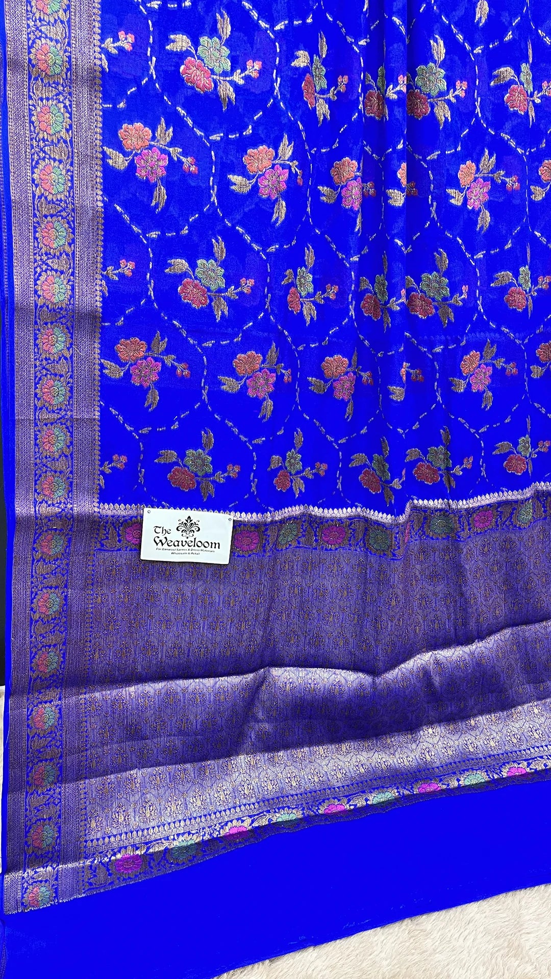 Royal Blue Khaddi Chiffon Pure Banarasi Saree with Meenakari Floral Jaal Weave and Antique Zari Border by The Weaveloom