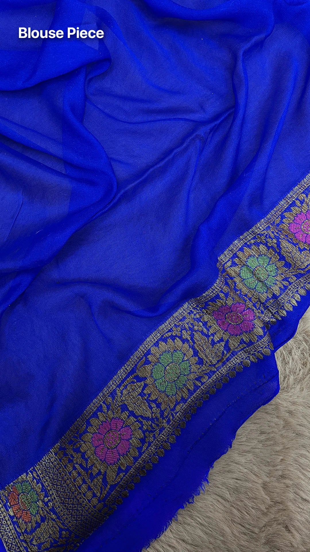 Royal Blue Khaddi Chiffon Pure Banarasi Saree with Meenakari Floral Jaal Weave and Antique Zari Border by The Weaveloom