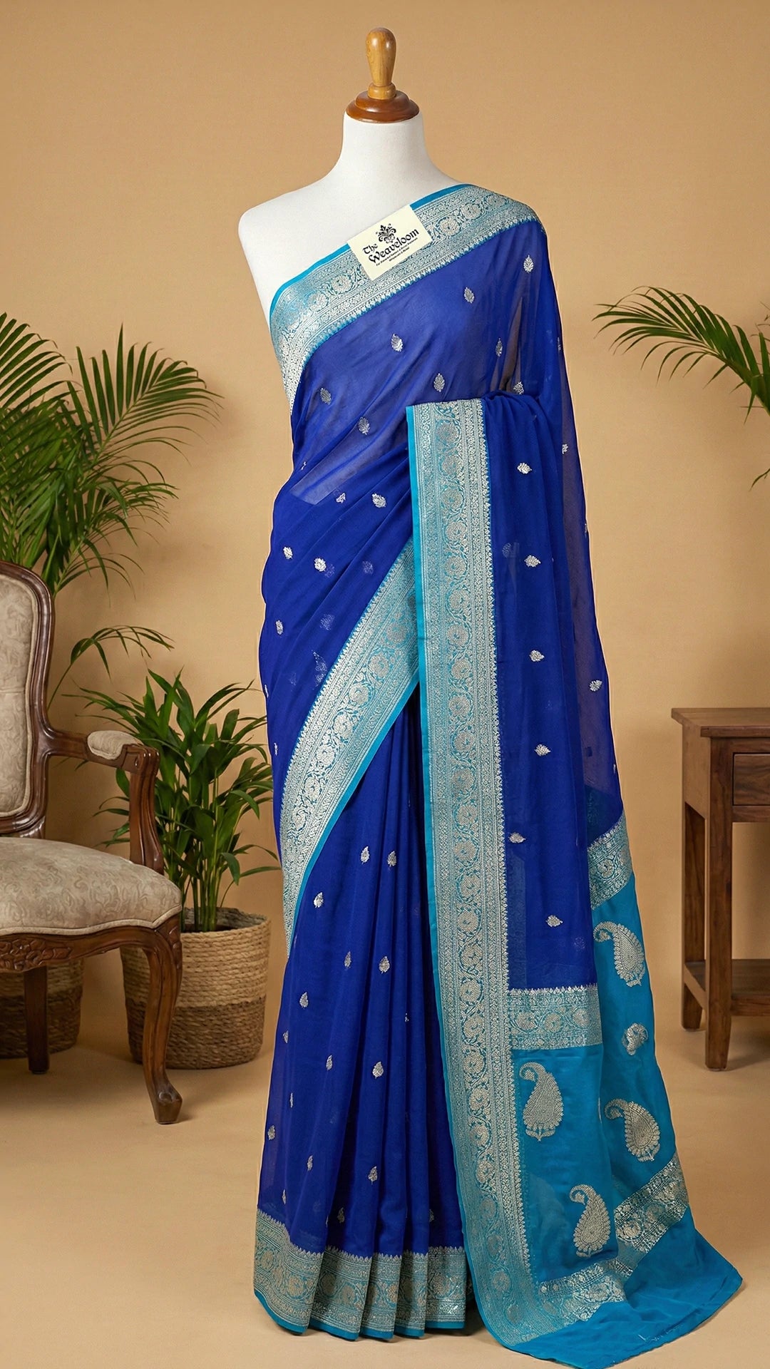 Royal Blue Khaddi Georgette Pure Banarasi Saree with Silver Zari Buti and Paisley Pallu by The Weaveloom