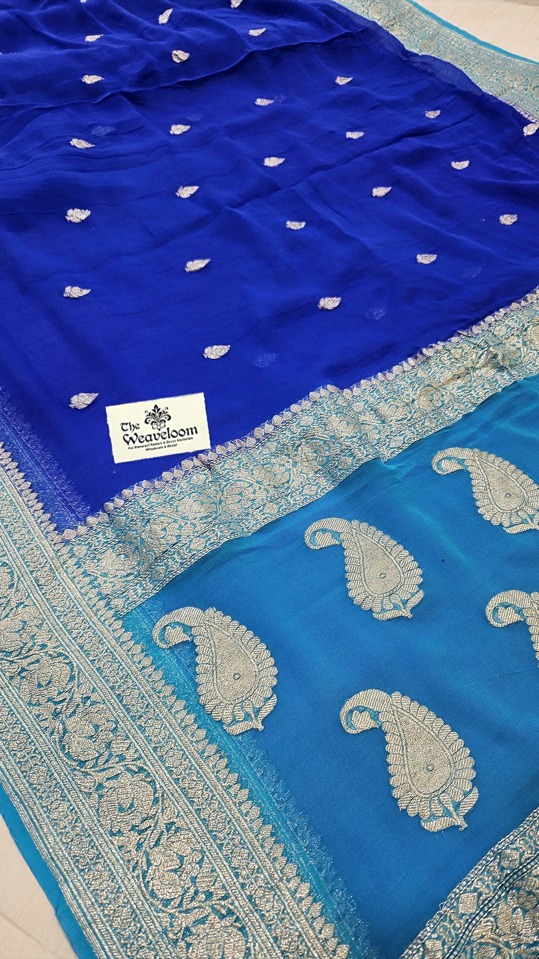 Royal Blue Khaddi Georgette Pure Banarasi Saree with Silver Zari Buti and Paisley Pallu by The Weaveloom