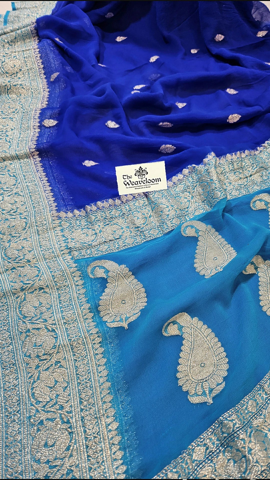 Royal Blue Khaddi Georgette Pure Banarasi Saree with Silver Zari Buti and Paisley Pallu by The Weaveloom
