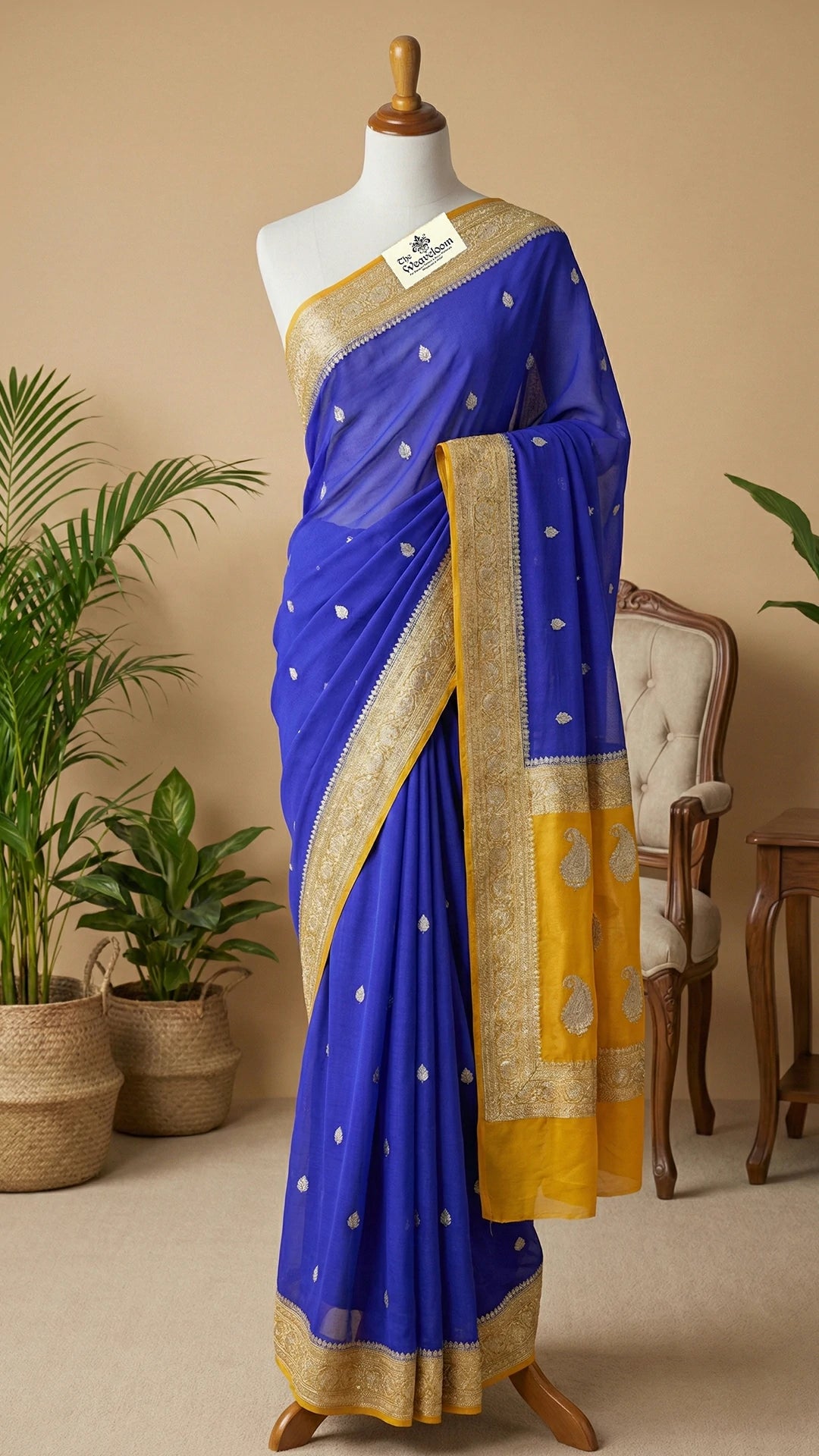 Royal Blue Khaddi Georgette Pure Banarasi Saree with Silver Zari Border and Contrast Pallu by The Weaveloom