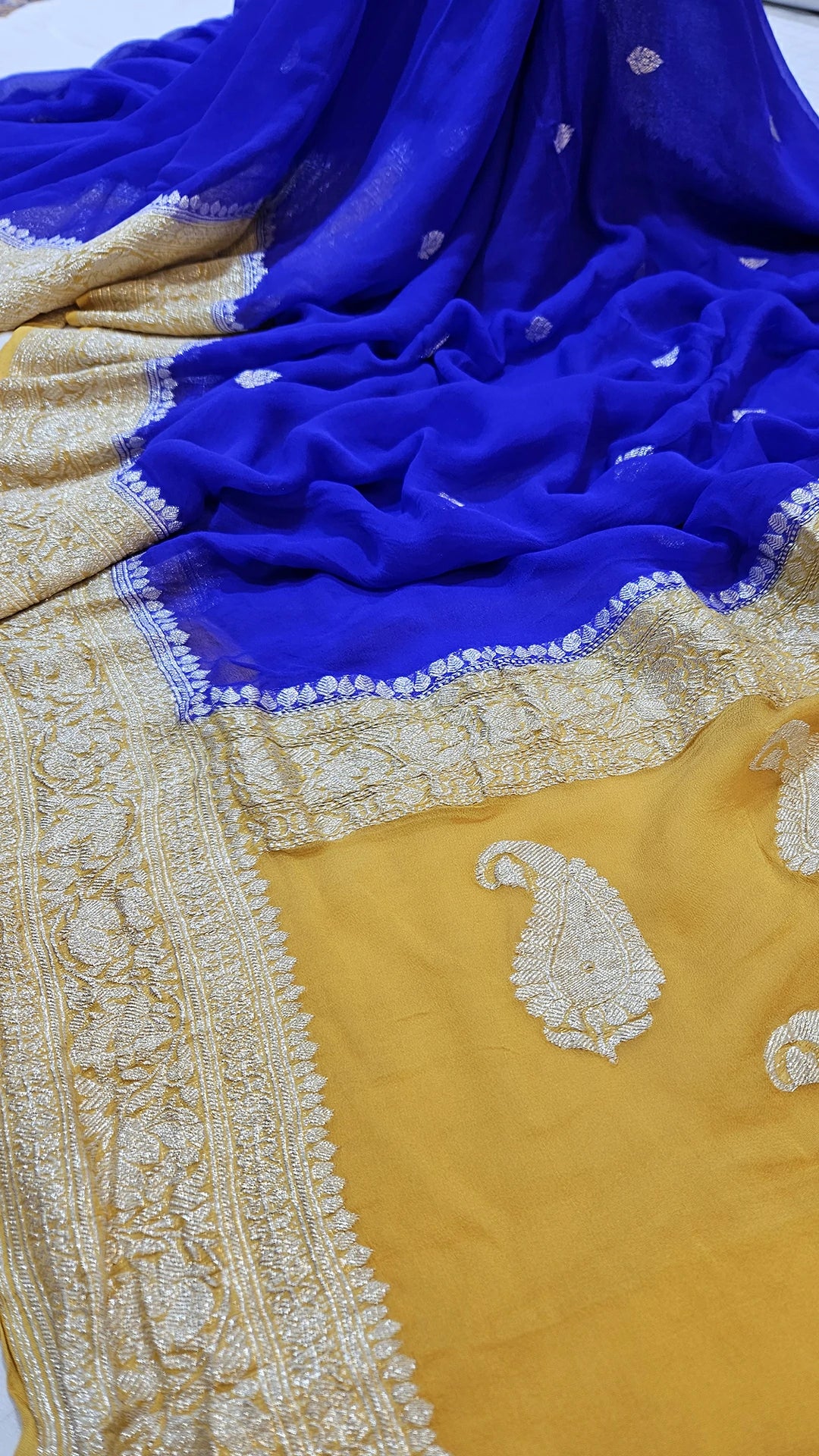 Royal Blue Khaddi Georgette Pure Banarasi Saree with Silver Zari Border and Contrast Pallu by The Weaveloom