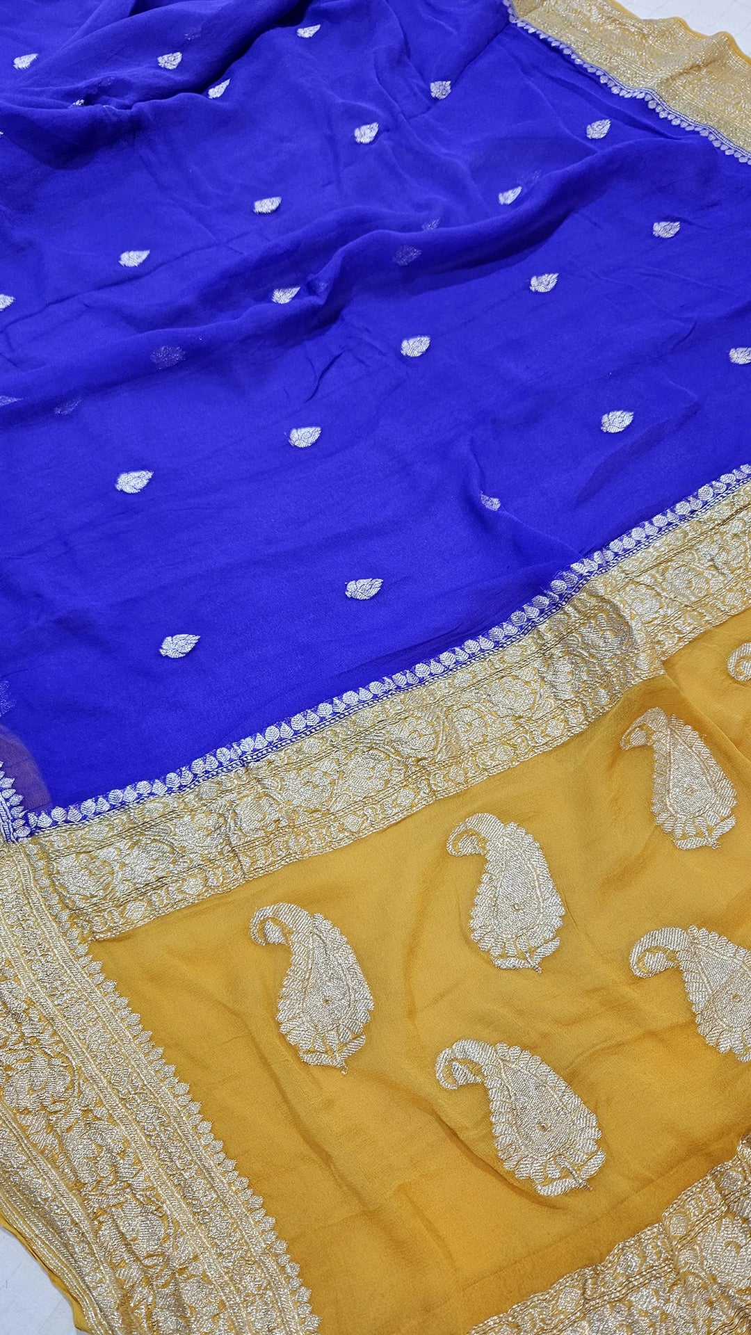 Royal Blue Khaddi Georgette Pure Banarasi Saree with Silver Zari Border and Contrast Pallu by The Weaveloom