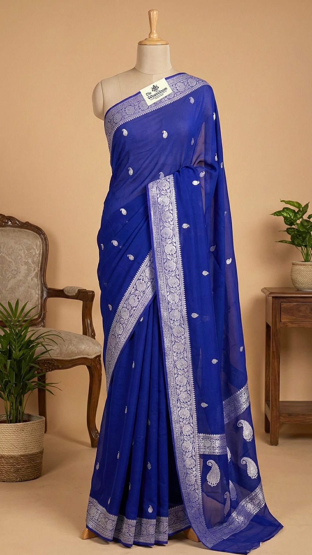 Royal Blue Khaddi Georgette Pure Banarasi Saree with Silver Zari Paisley Border by The Weaveloom